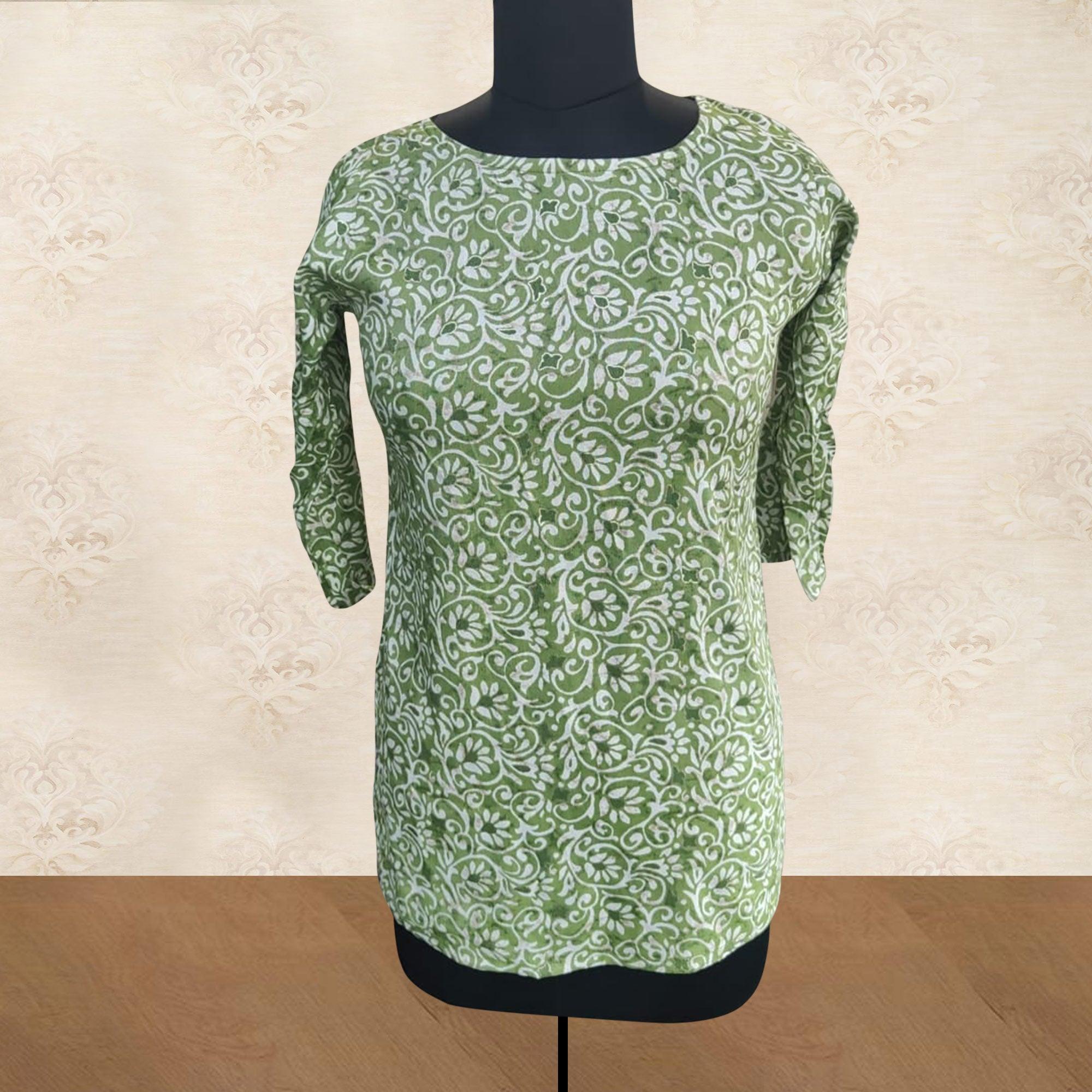 Green Floral Foil Printed Rayon Top - Peachmode