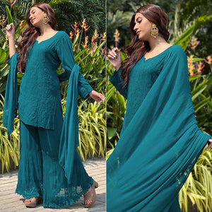 Green Floral Lucknowi Embroidered Georgette Sharara Suit - Peachmode