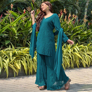 Green Floral Lucknowi Embroidered Georgette Sharara Suit - Peachmode