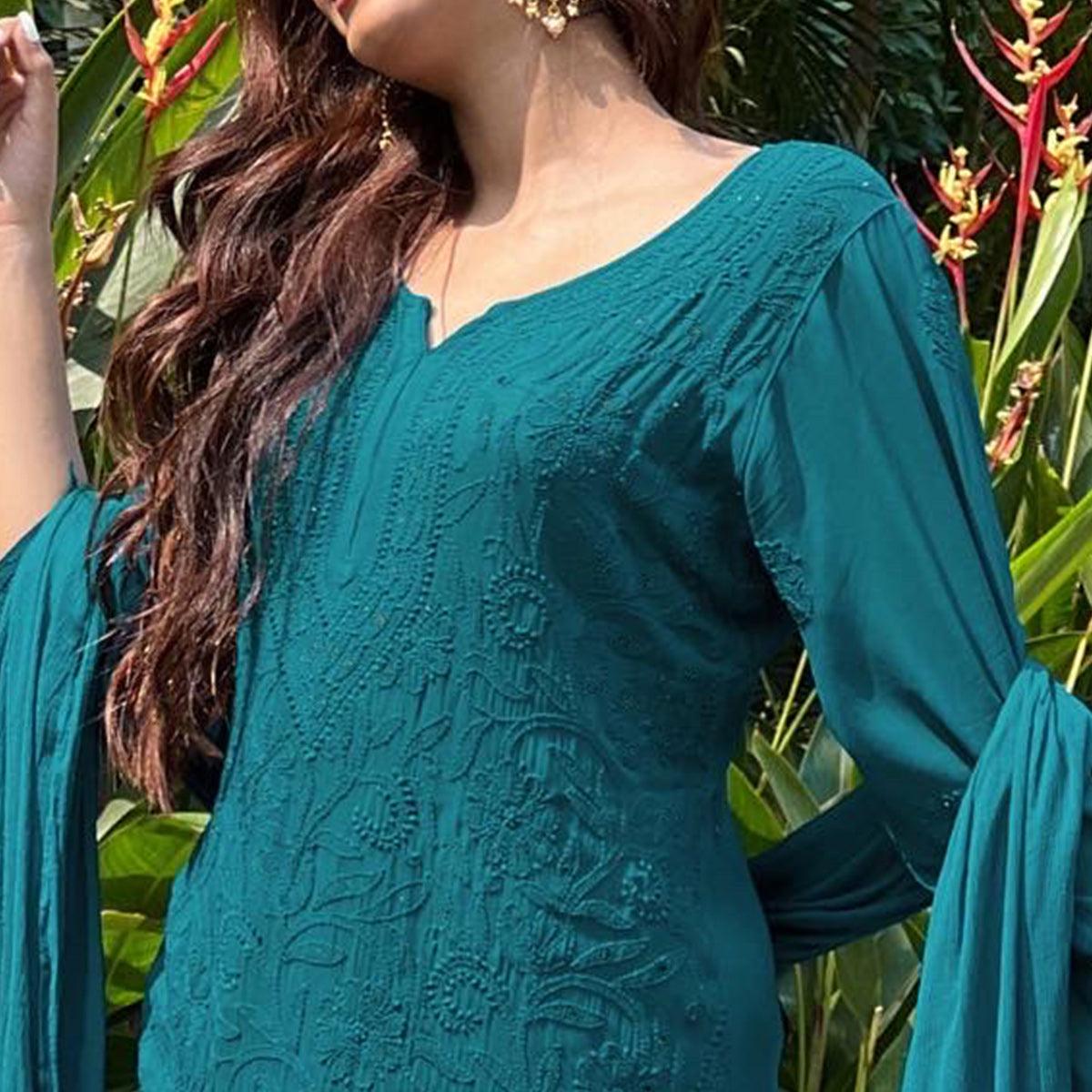 Green Floral Lucknowi Embroidered Georgette Sharara Suit - Peachmode