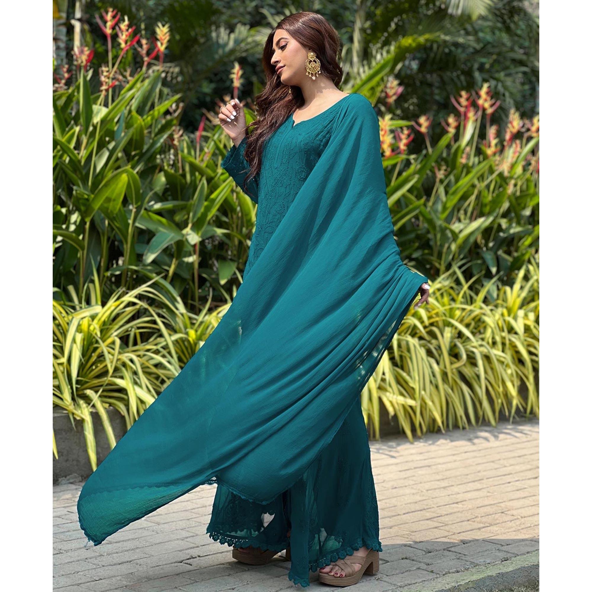 Green Floral Lucknowi Embroidered Georgette Sharara Suit - Peachmode