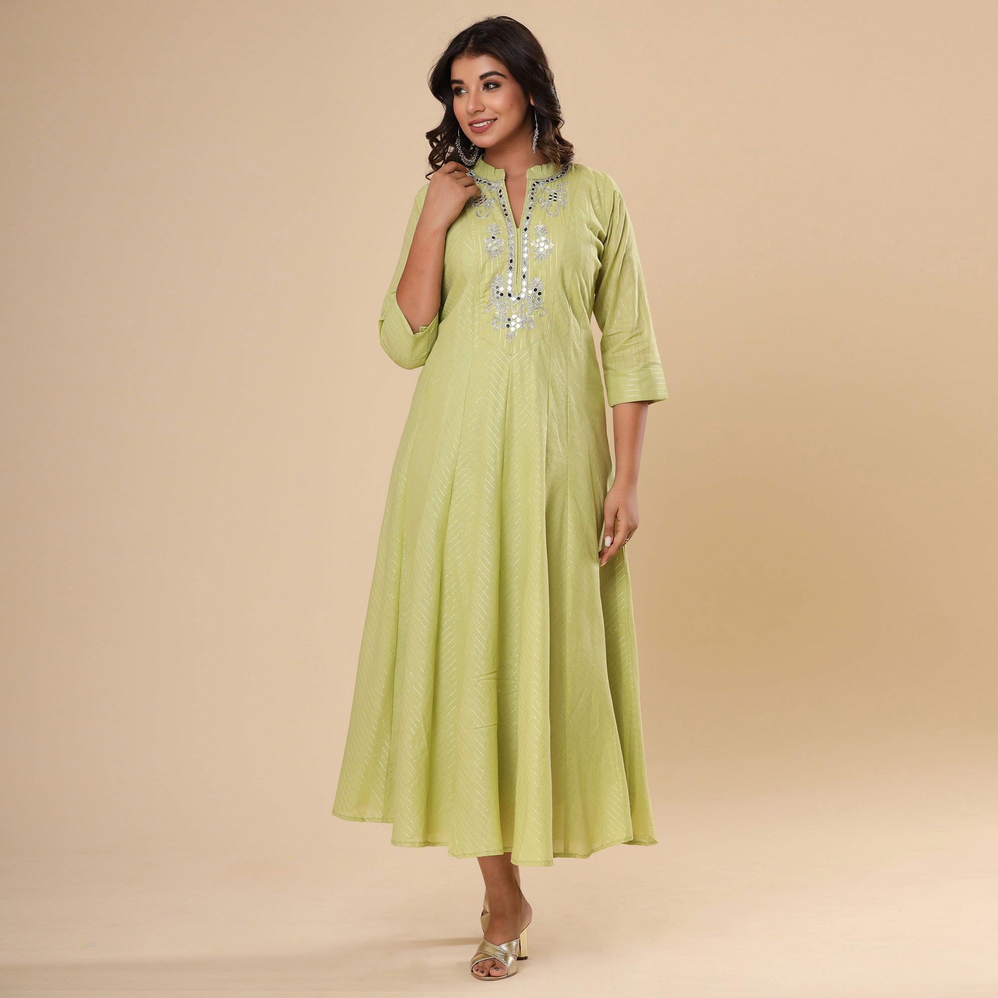 Green Floral Mirror Work Pure Cotton Dress - Peachmode