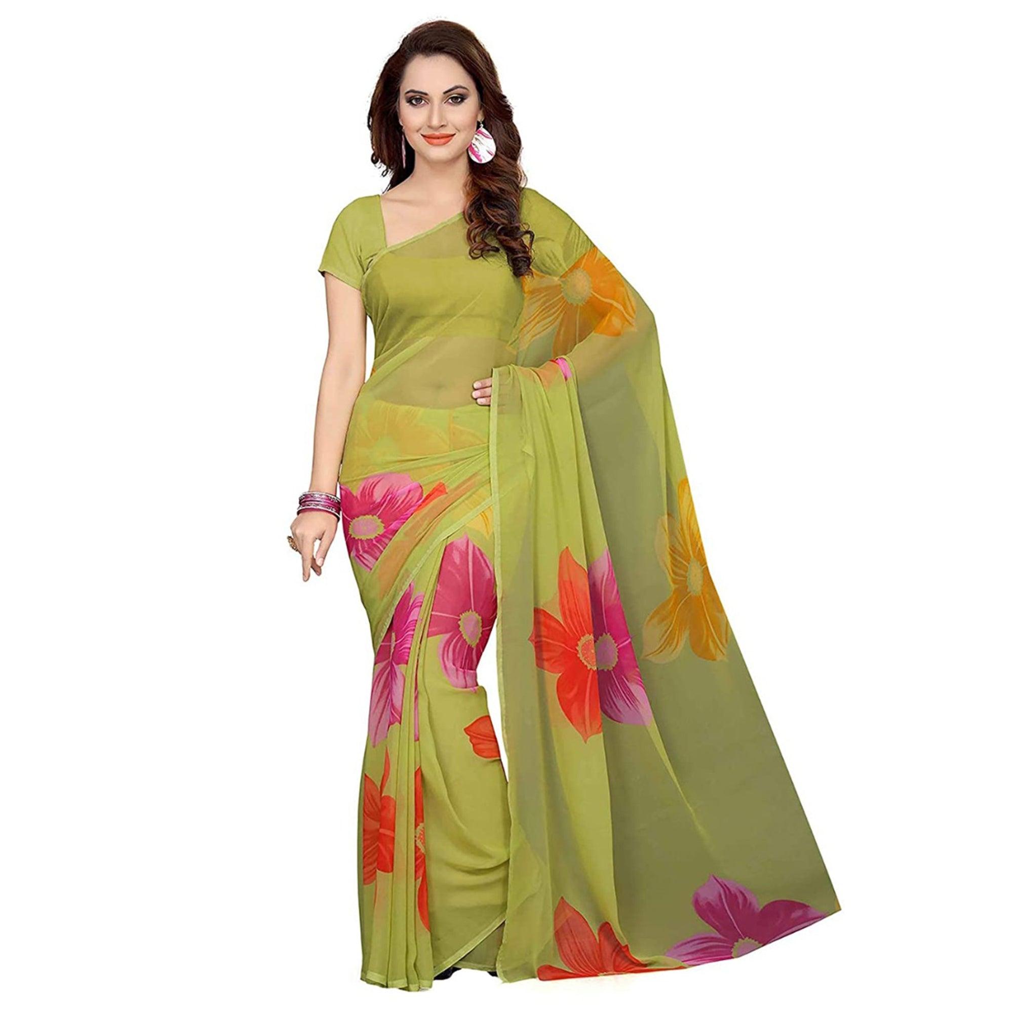 Green Floral Print Georgette Saree - Peachmode