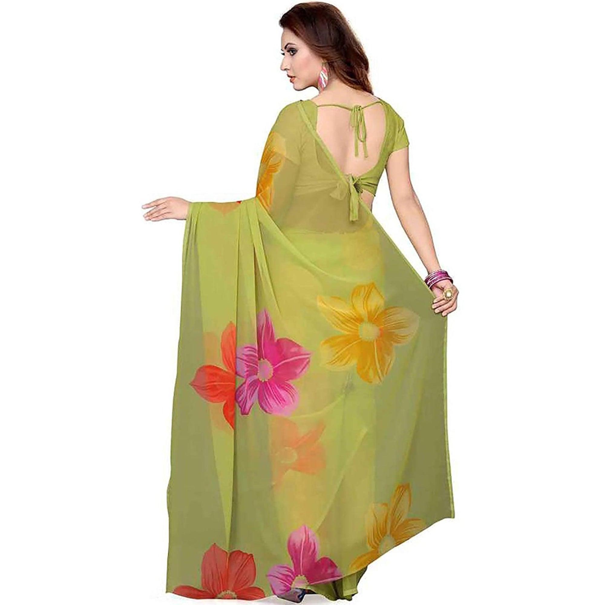 Green Floral Print Georgette Saree - Peachmode