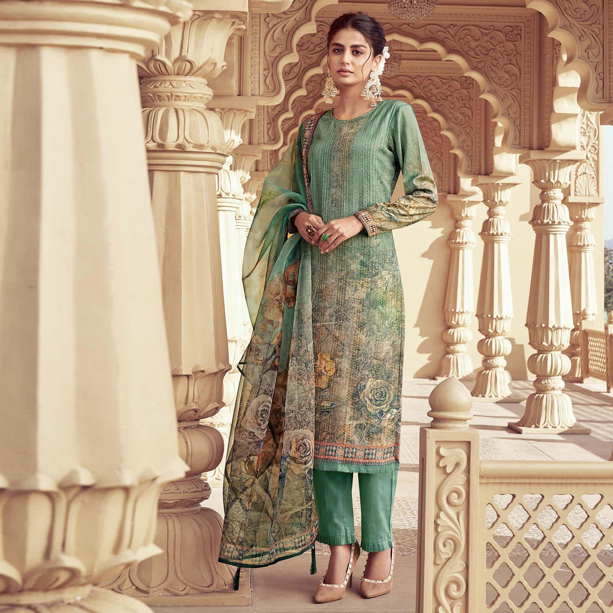 Green Floral Print With Sequence Embroidered Royal chinon Partywear Suit - Peachmode