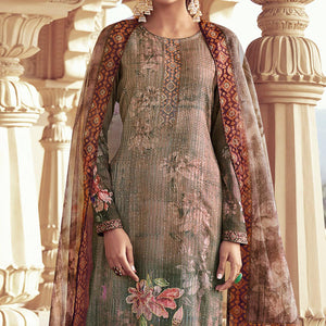 Green Floral Print With Sequence Embroidered Royal chinon Partywear Suit - Peachmode