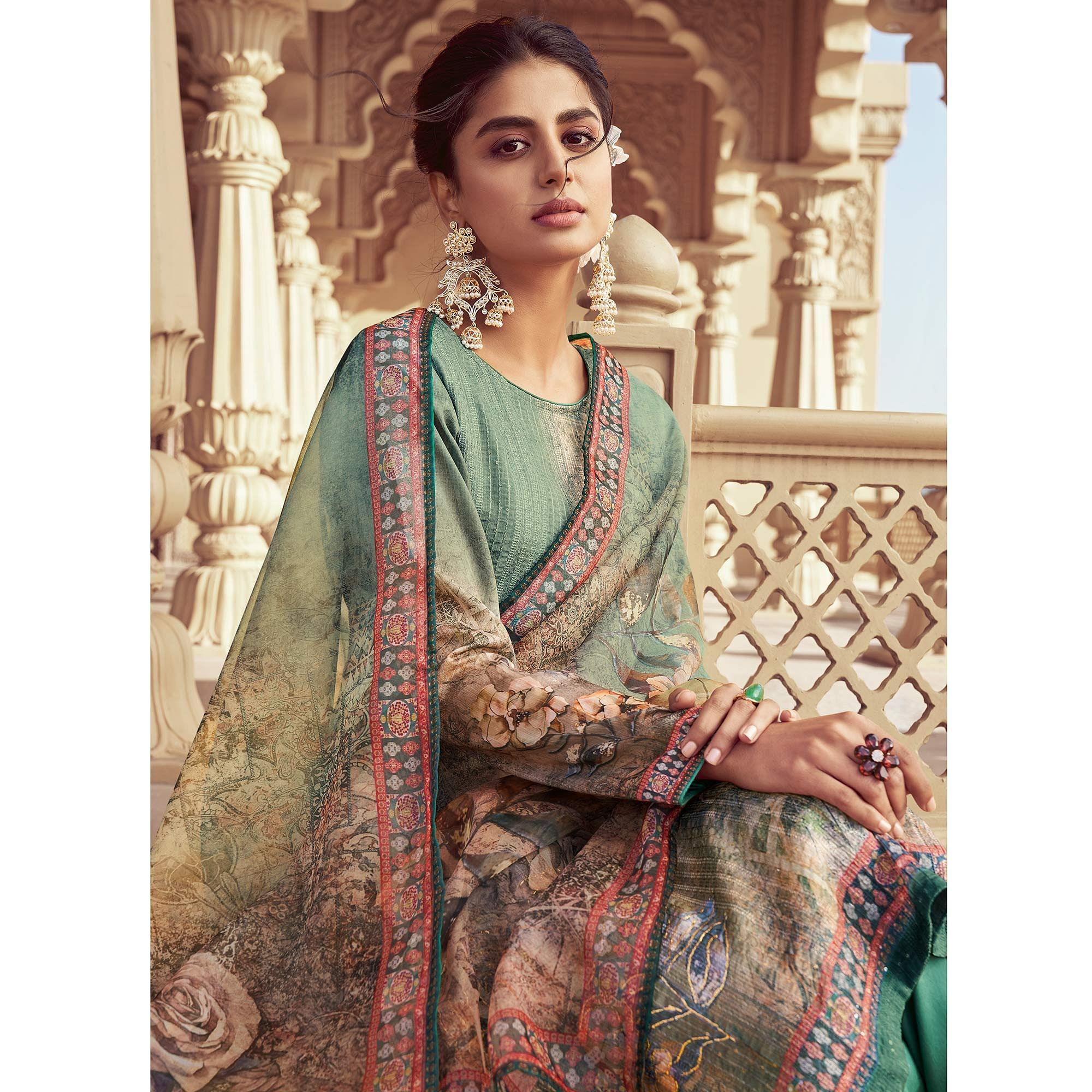 Green Floral Print With Sequence Embroidered Royal chinon Partywear Suit - Peachmode