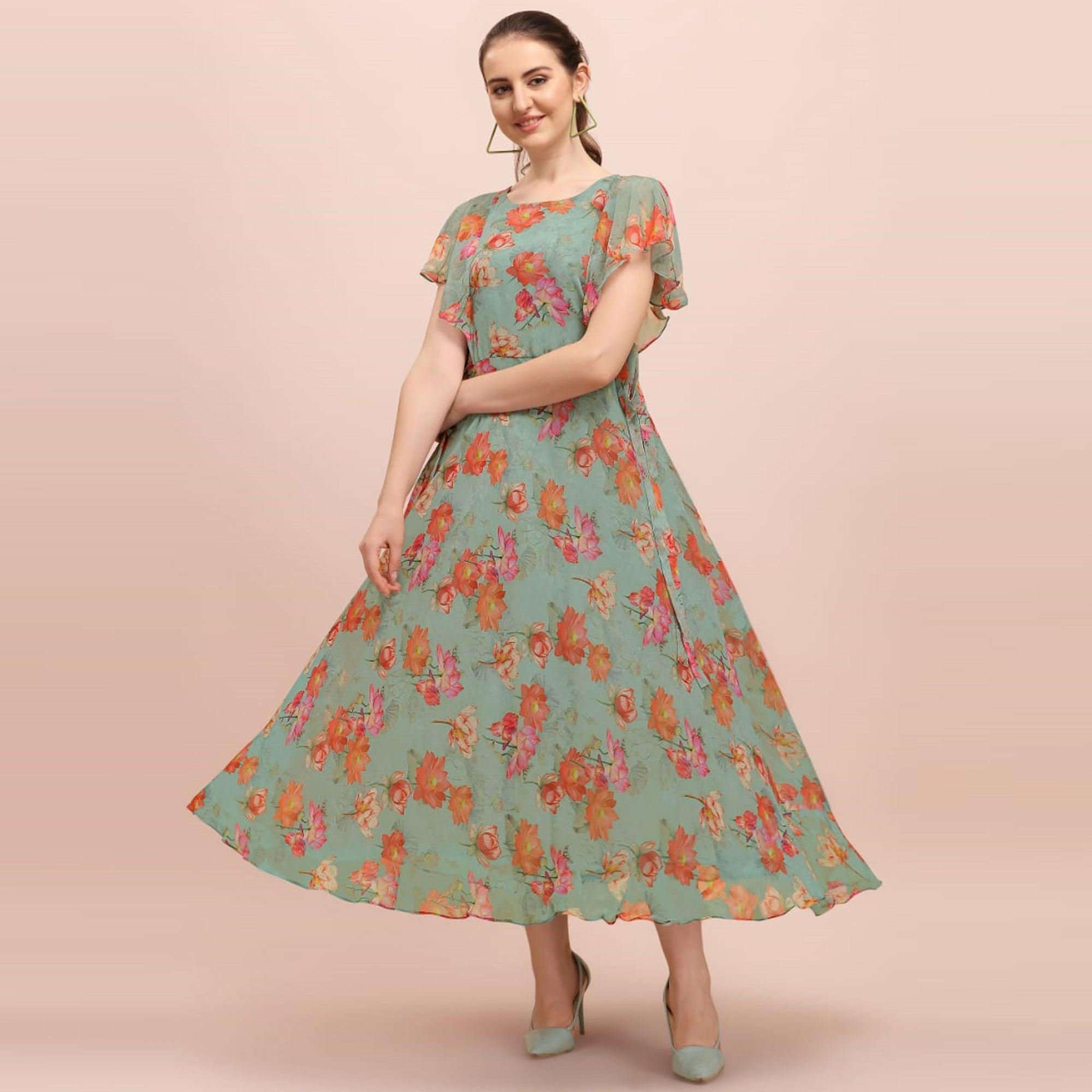 Green Casual Wear Floral Printed A-Line Chiffon Dress