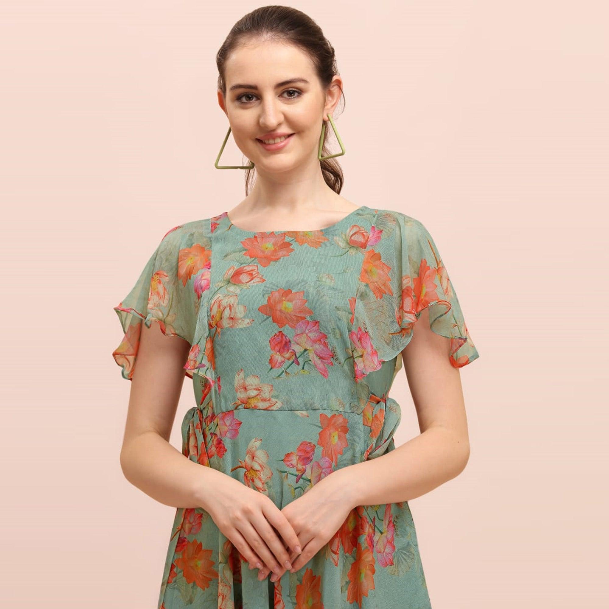 Green Floral Printed A-Line Chiffon Dress - Peachmode