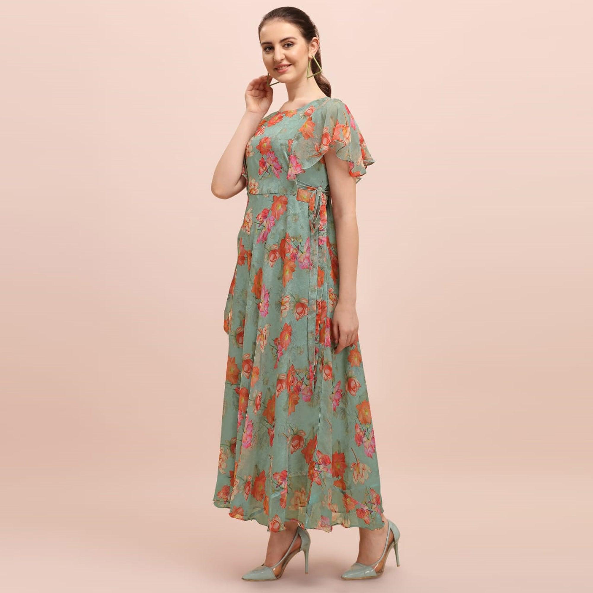 Green Floral Printed A-Line Chiffon Dress - Peachmode