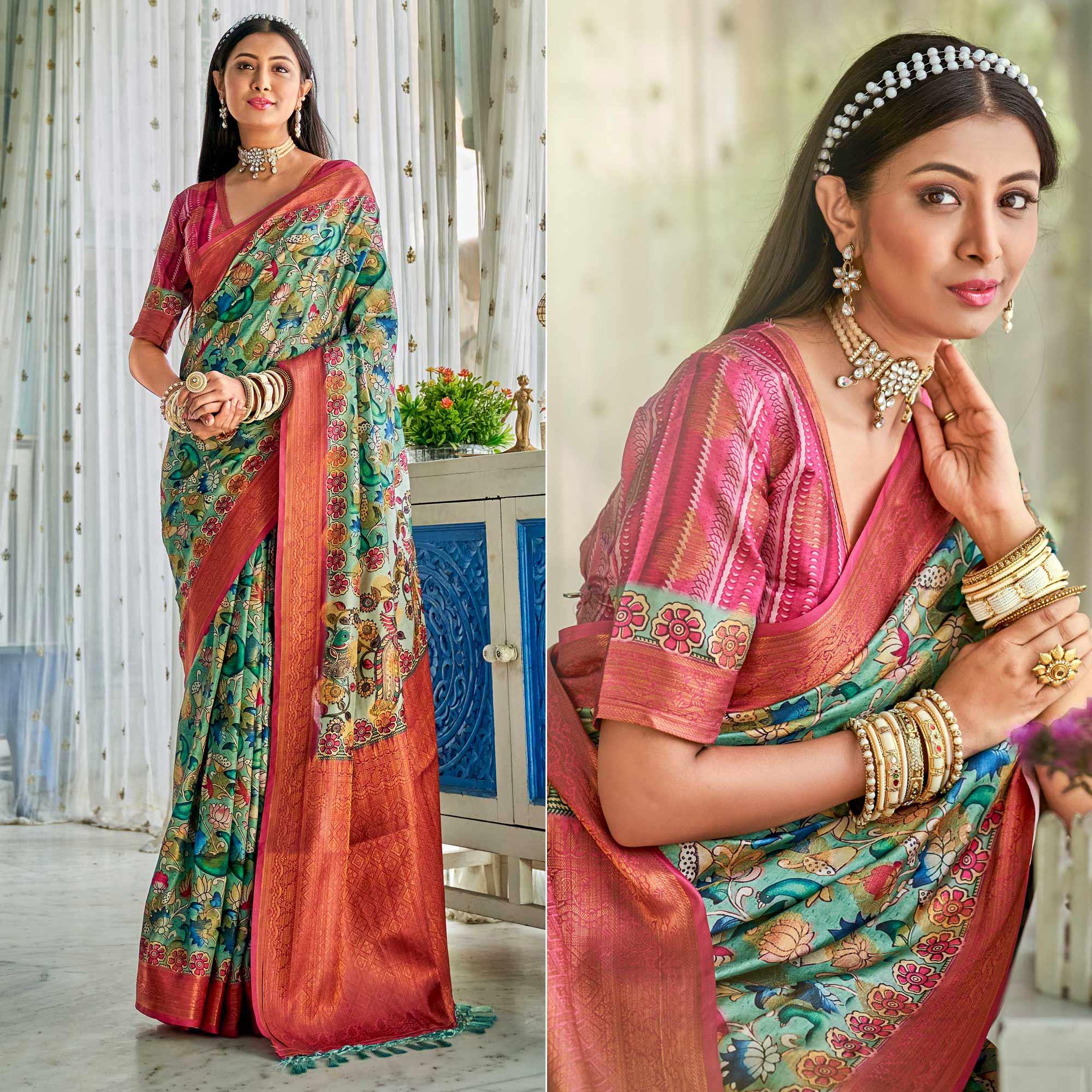 Green Floral Printed Art Silk Saree - Peachmode
