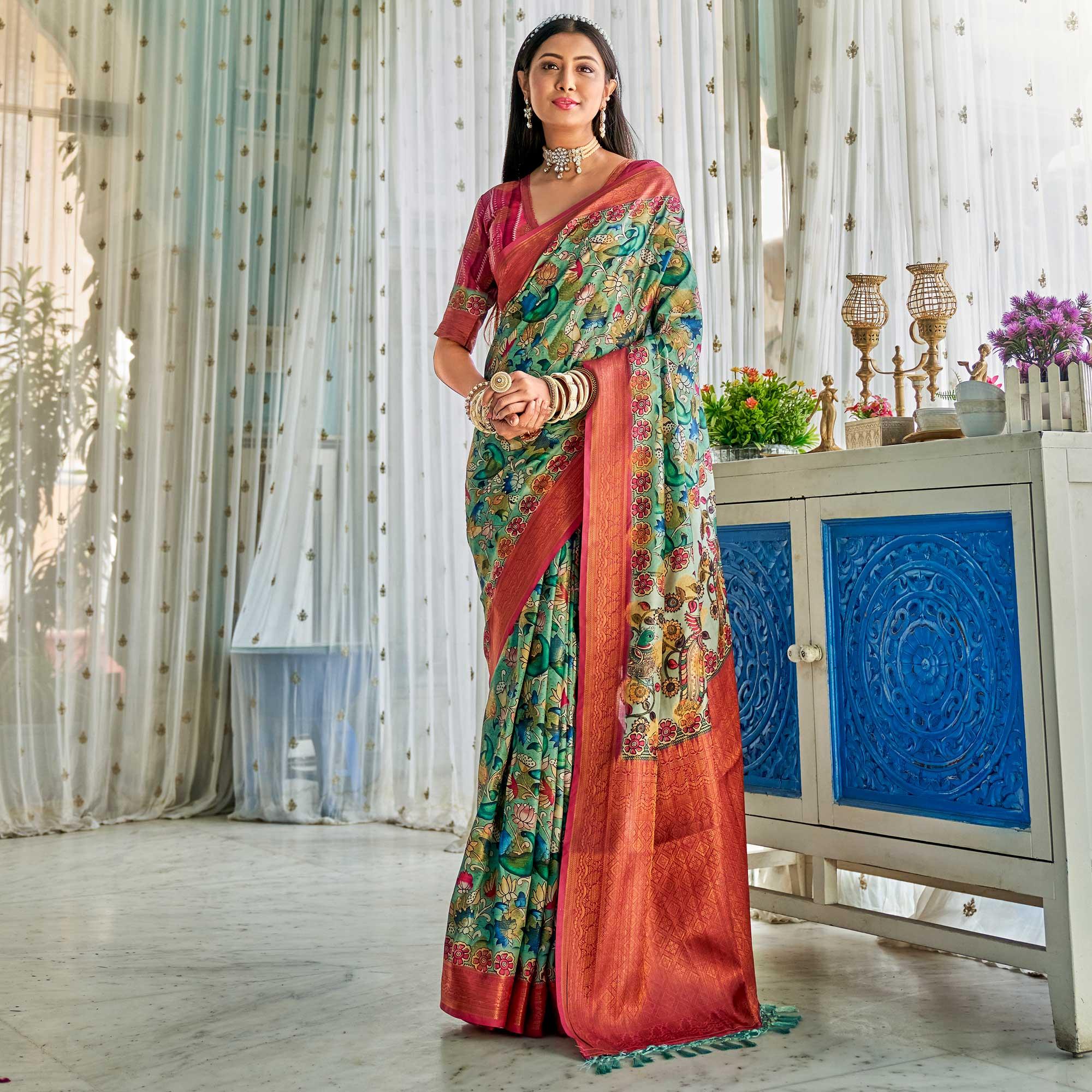 Green Floral Printed Art Silk Saree - Peachmode