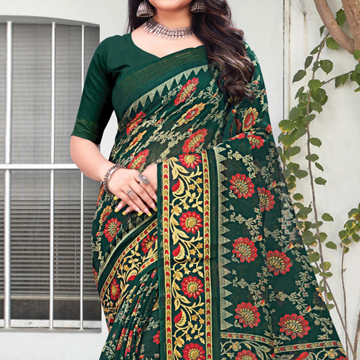 Green Floral Printed Art Silk Saree - Peachmode