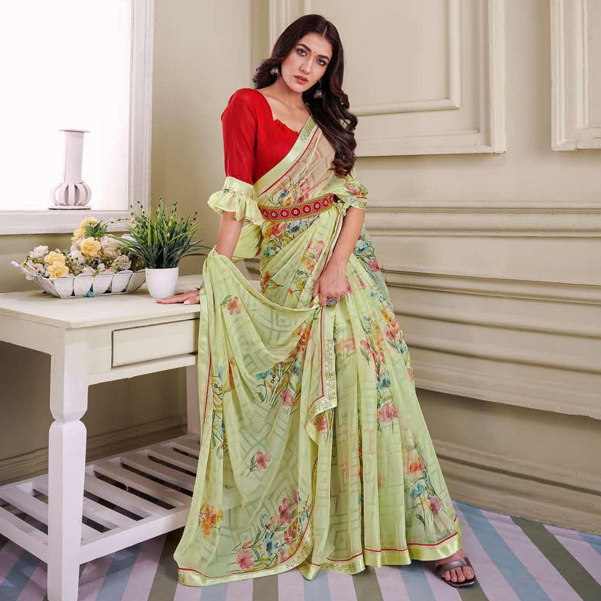 Green Floral Printed Brasso Saree - Peachmode