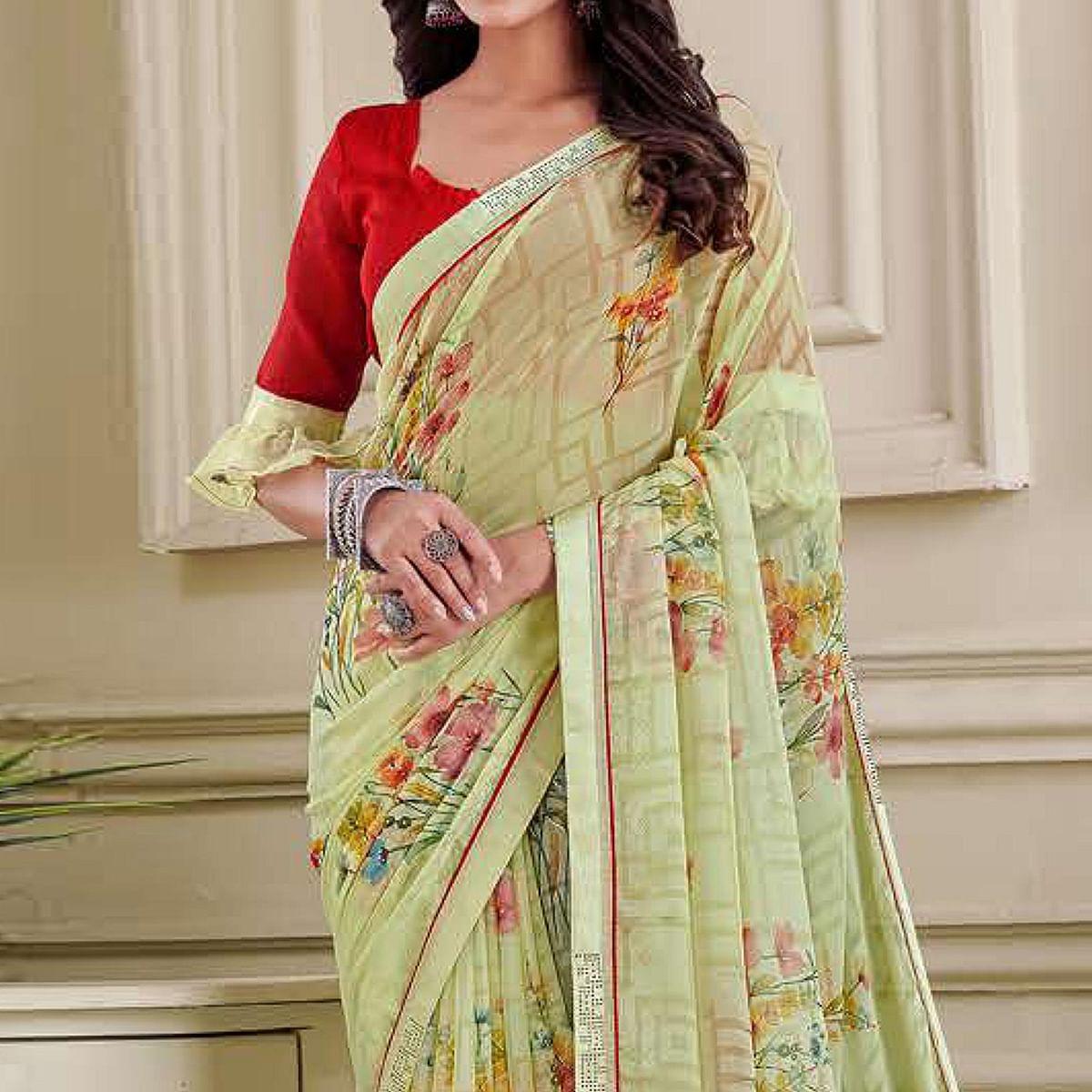 Green Floral Printed Brasso Saree - Peachmode