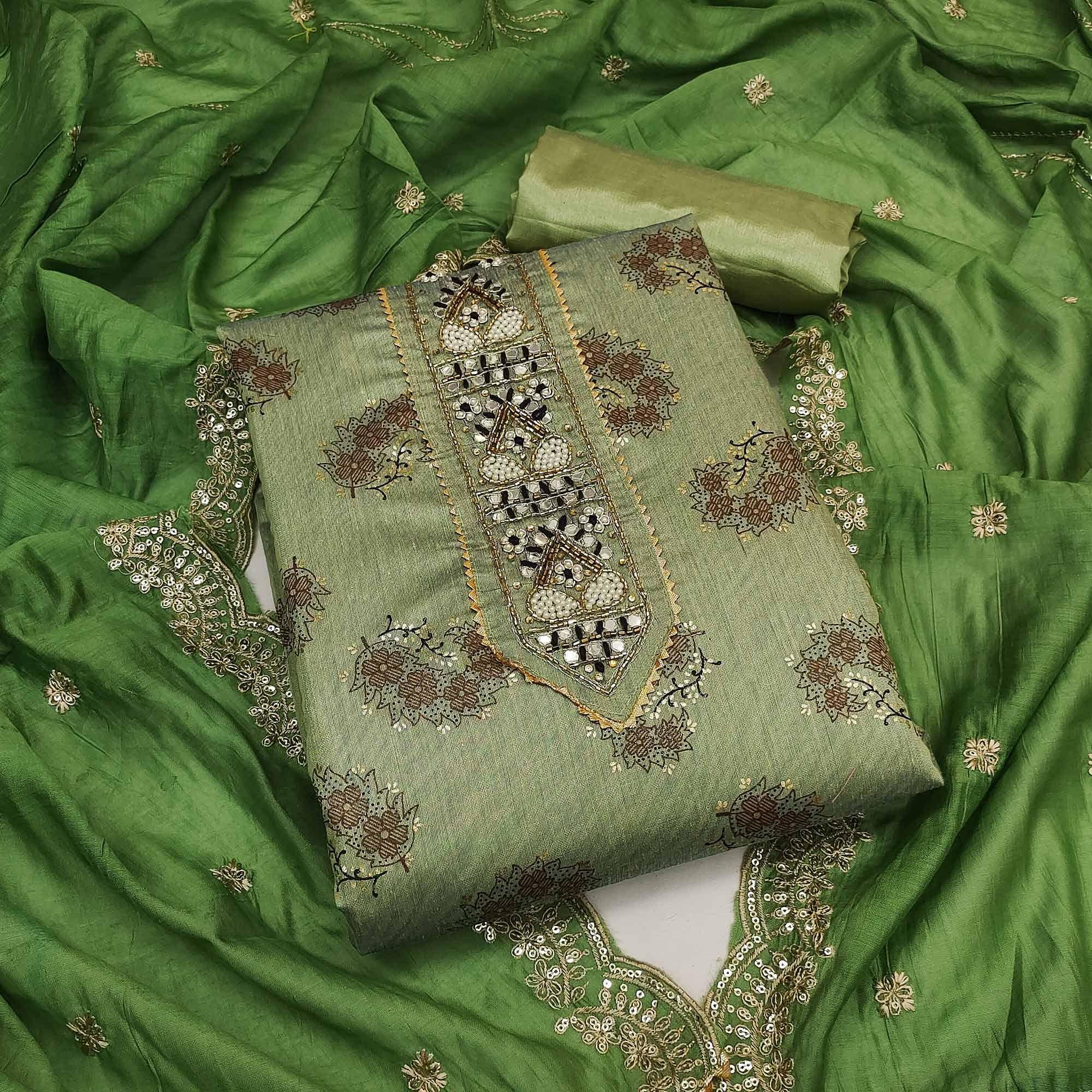 Green Floral Printed Chanderi Dress Material - Peachmode