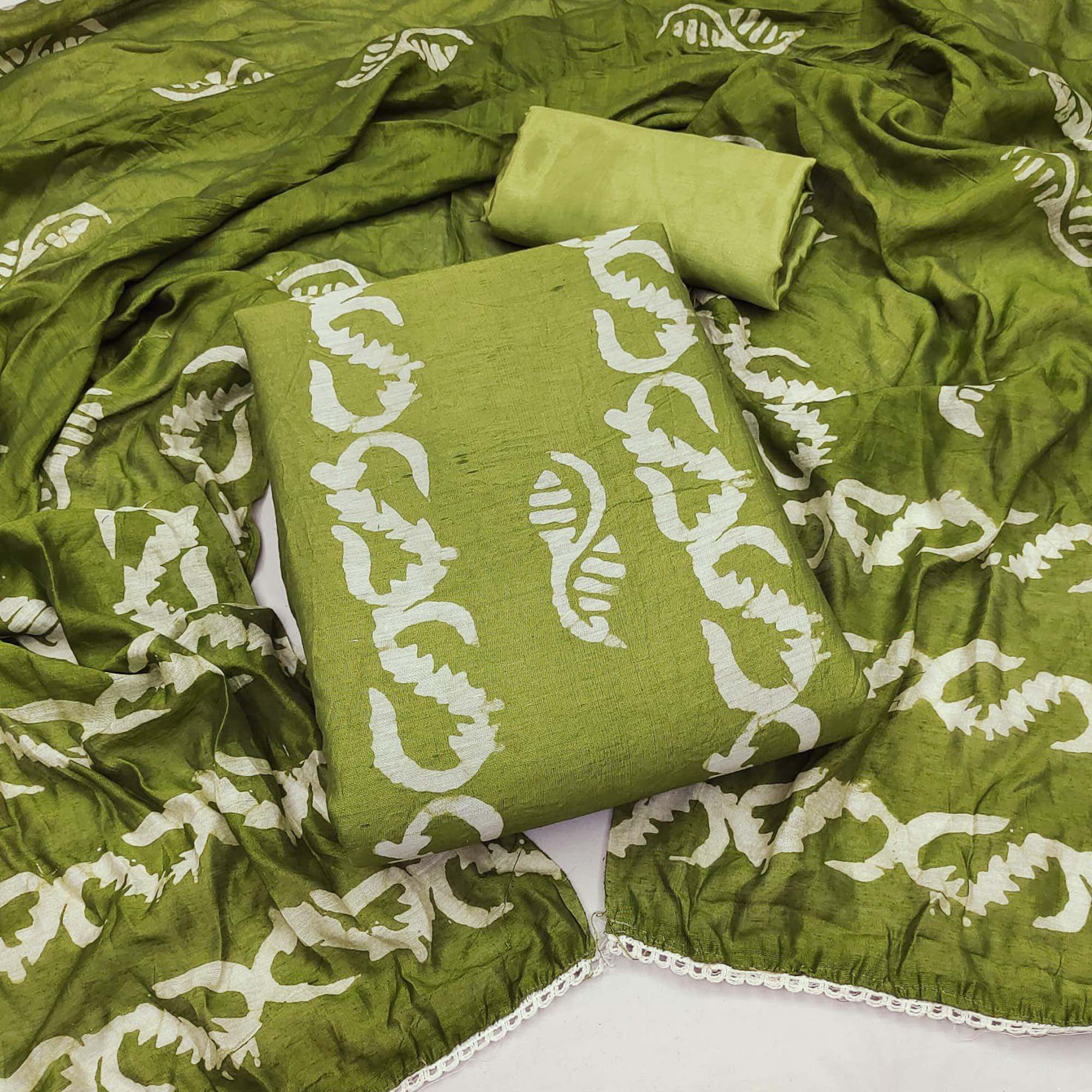 Green Floral Printed Chanderi Dress Material - Peachmode