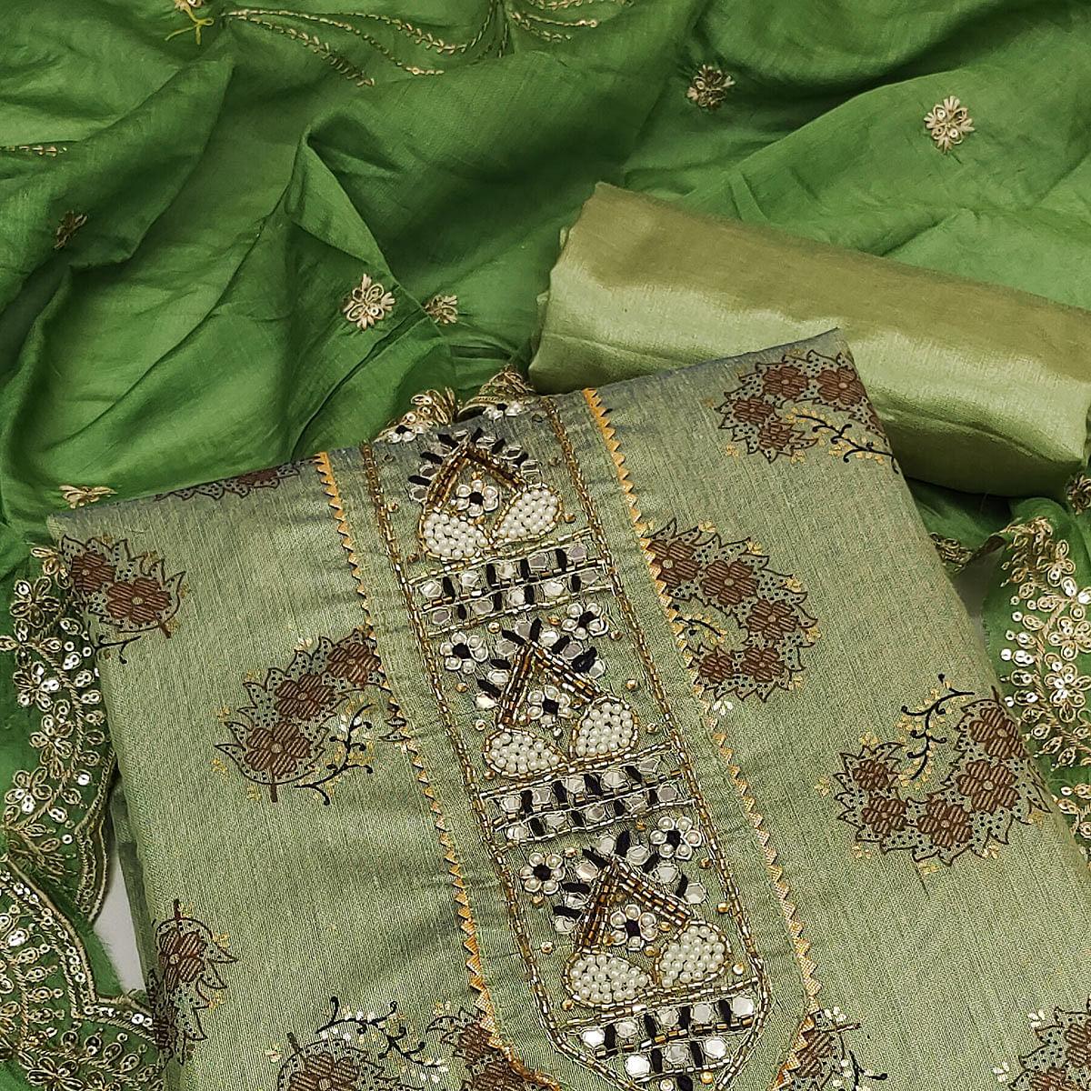 Green Floral Printed Chanderi Dress Material - Peachmode