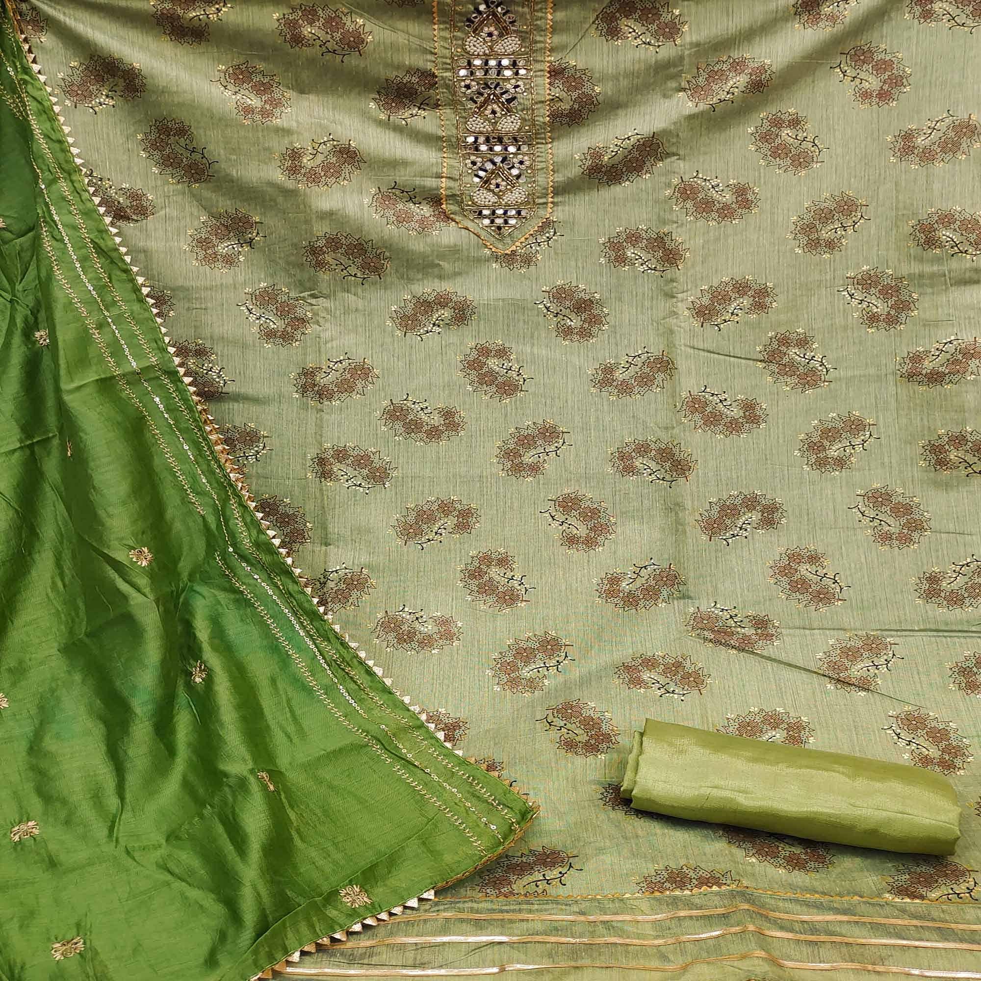 Green Floral Printed Chanderi Dress Material - Peachmode
