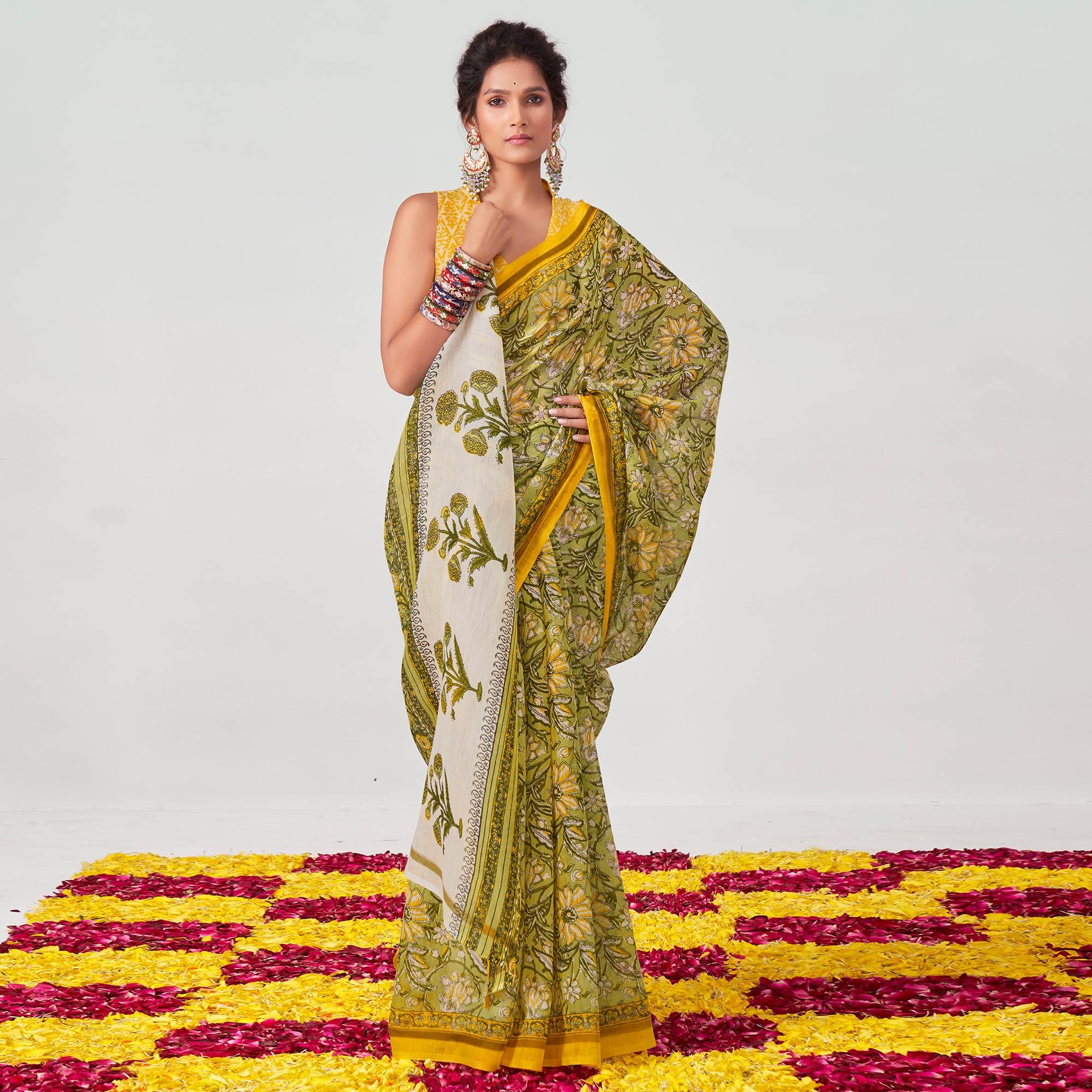 Green Floral Printed Chanderi Saree - Peachmode