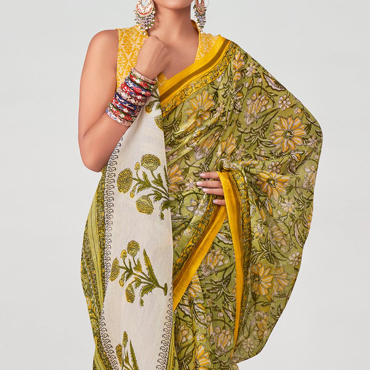 Green Floral Printed Chanderi Saree - Peachmode