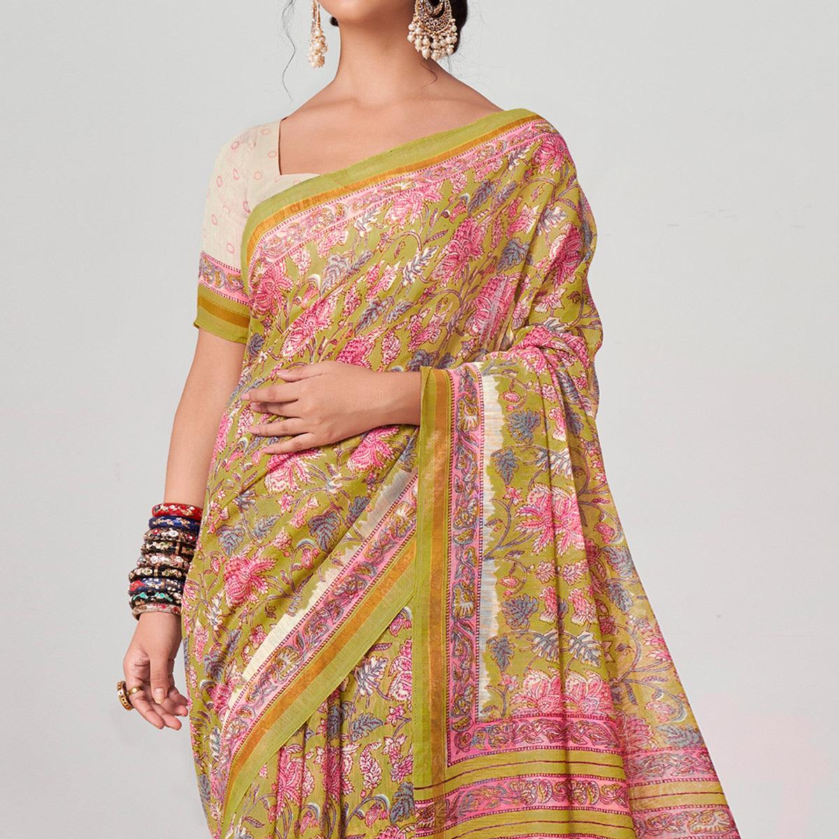 Green Floral Printed Chanderi Saree - Peachmode