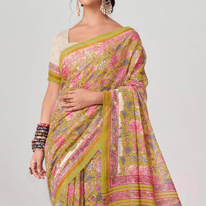 Green Floral Printed Chanderi Saree - Peachmode