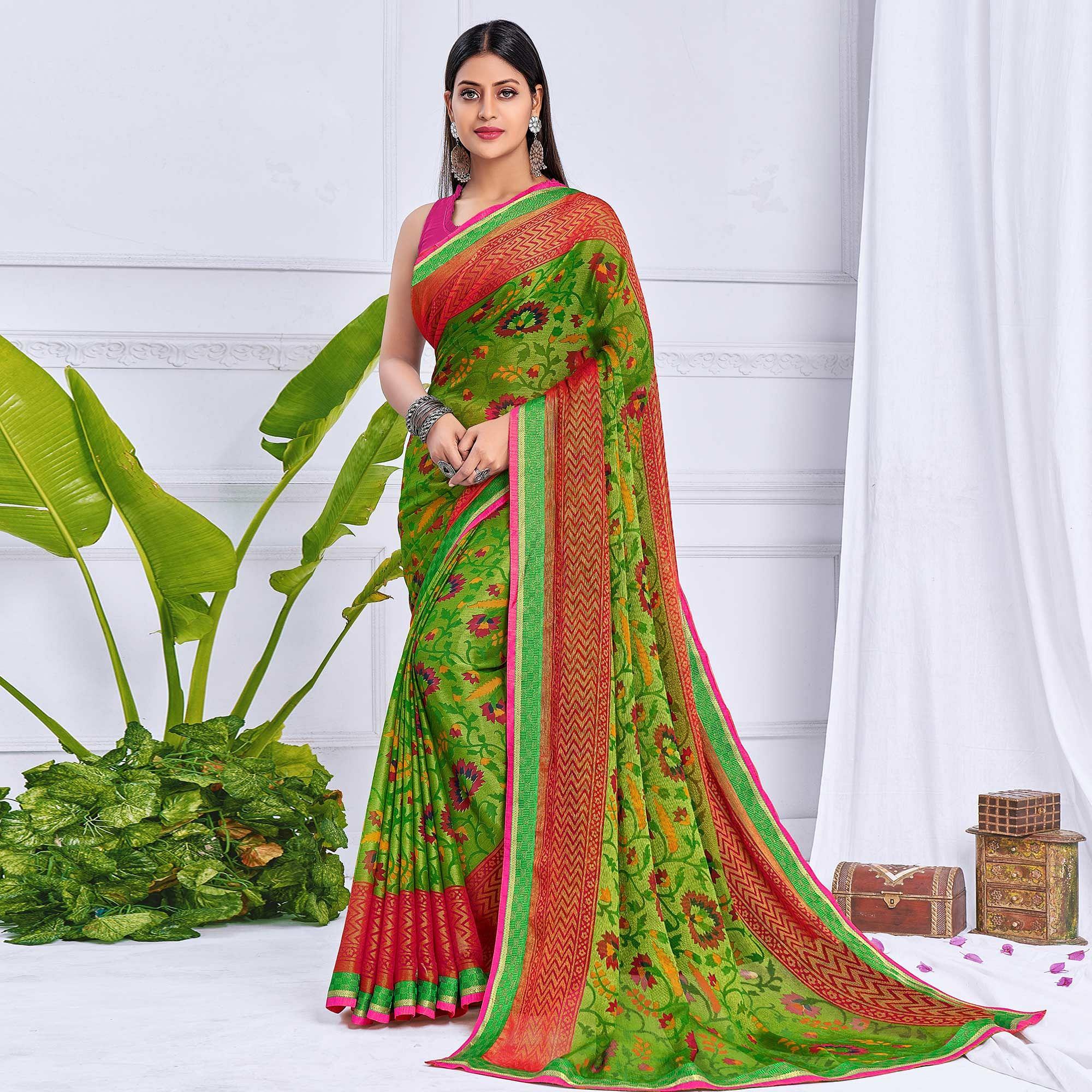 Green Floral Printed Chiffon Saree - Peachmode