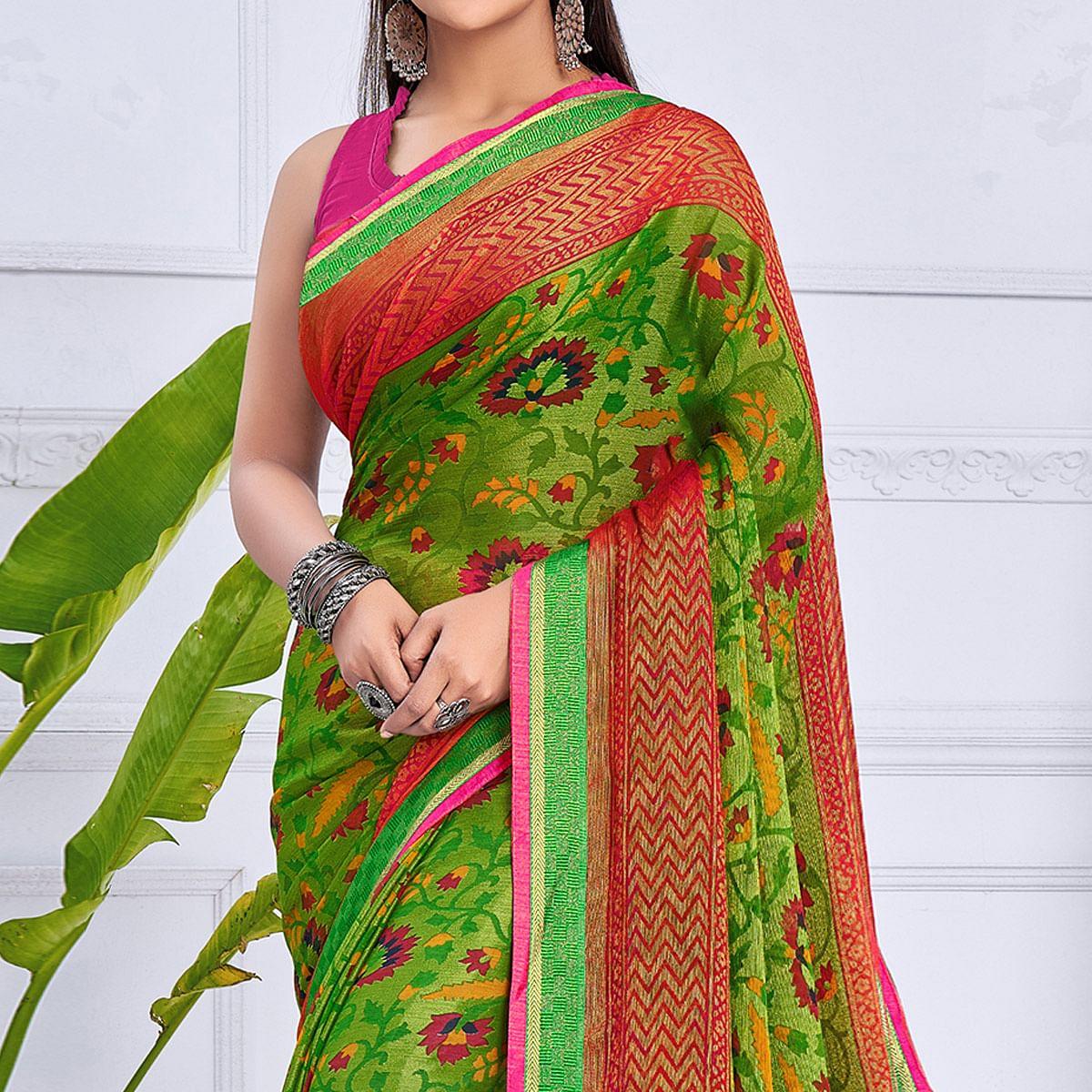 Green Floral Printed Chiffon Saree - Peachmode