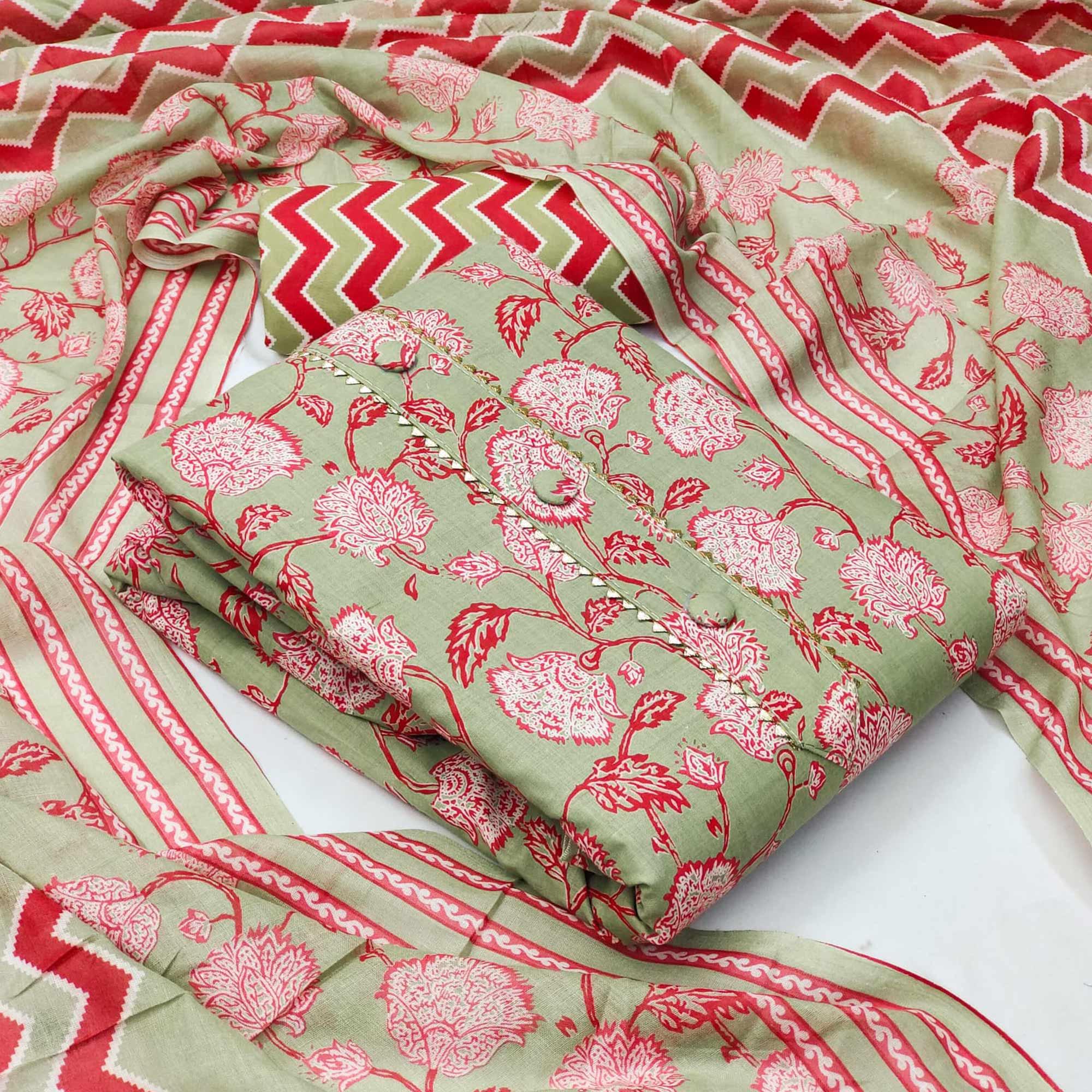 Green Floral Printed Cotton Blend Dress Material - Peachmode