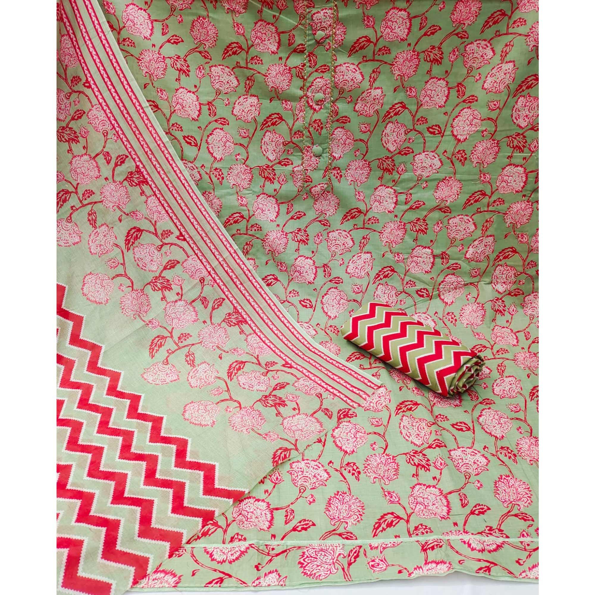 Green Floral Printed Cotton Blend Dress Material - Peachmode