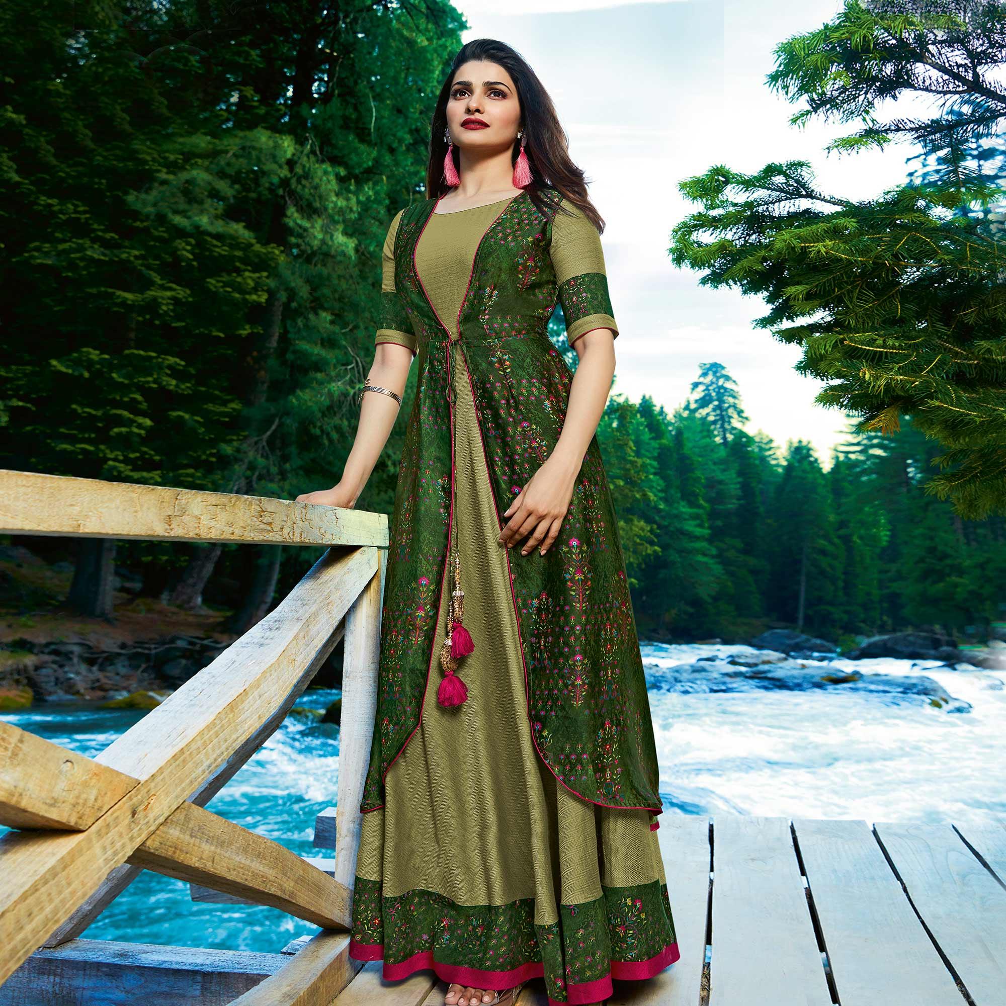 Green Floral Printed Crepe Jacket Style Long Kurti - Peachmode