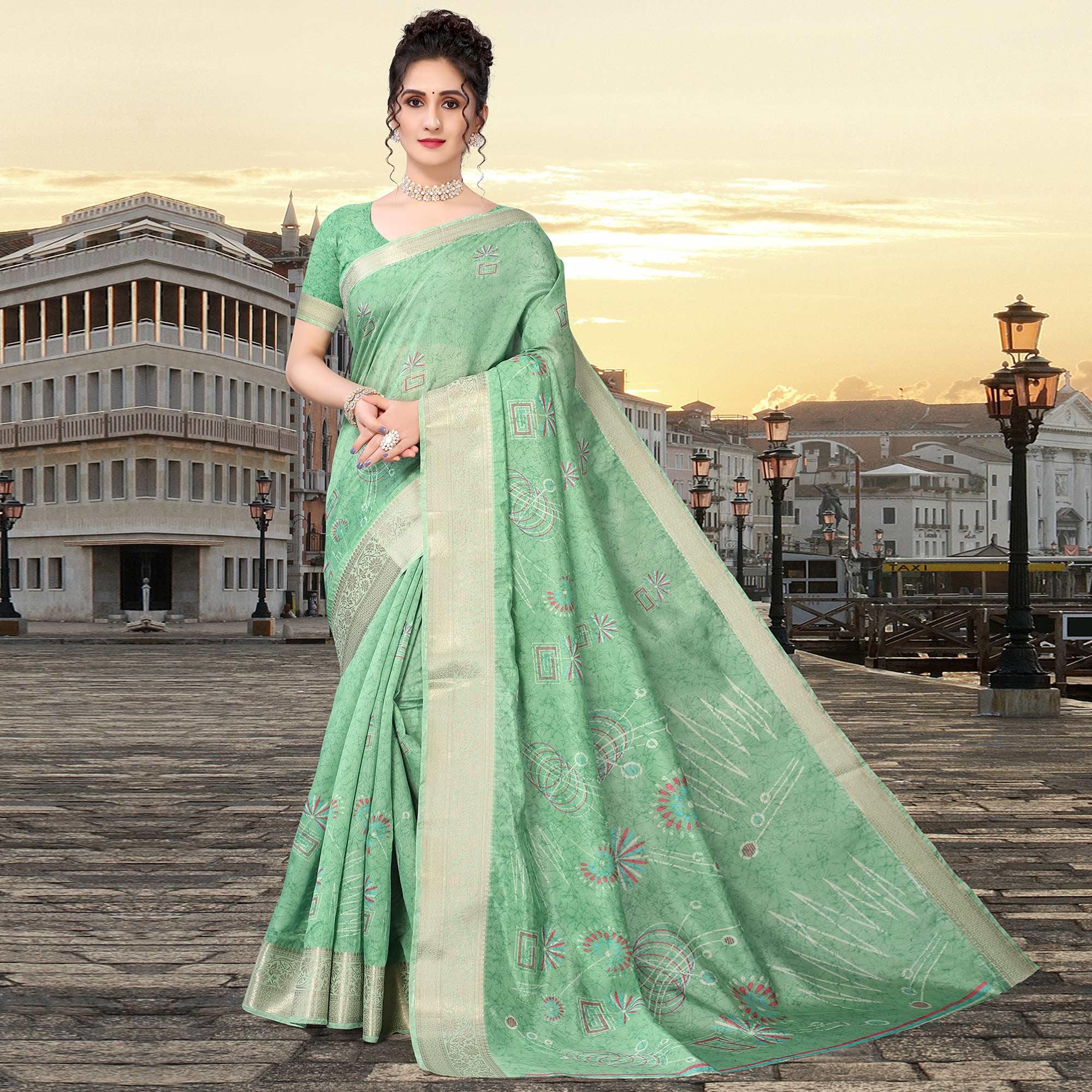 Green Floral Printed Dola Silk Saree - Peachmode