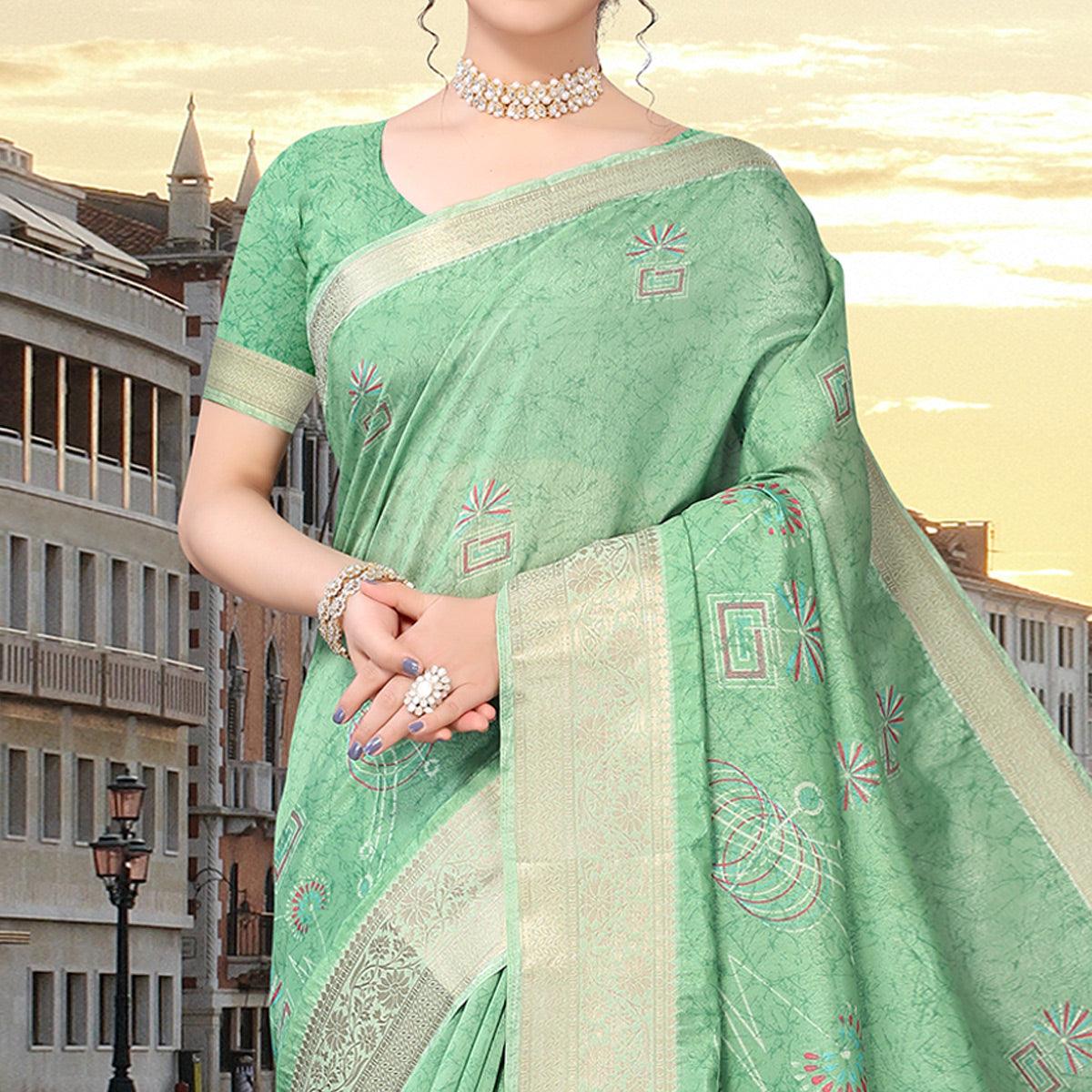 Green Floral Printed Dola Silk Saree - Peachmode