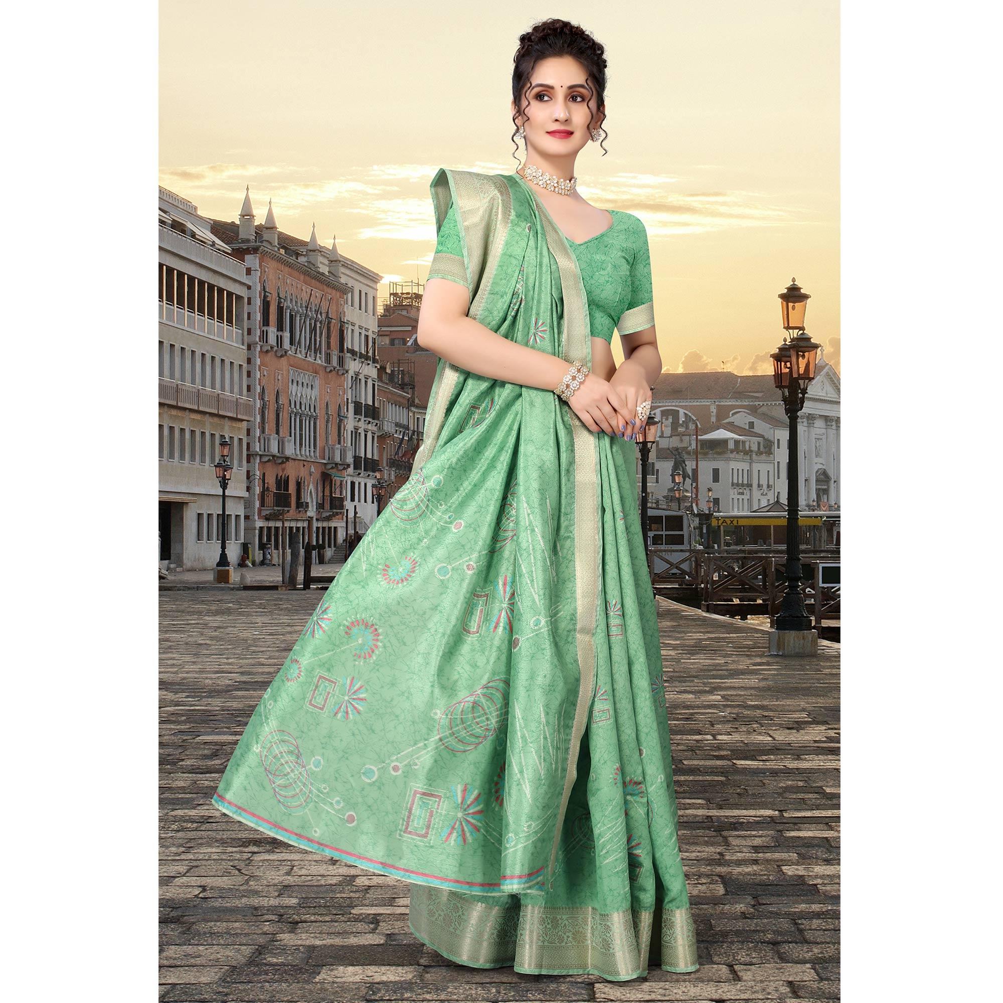 Green Floral Printed Dola Silk Saree - Peachmode