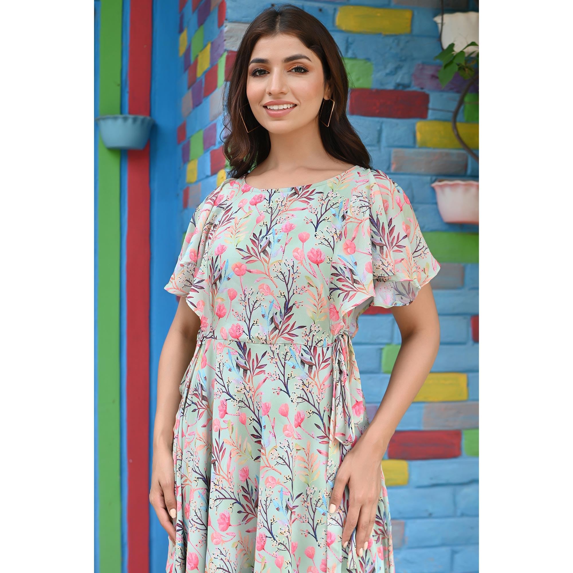 Green Floral Printed Georgette Dress - Peachmode