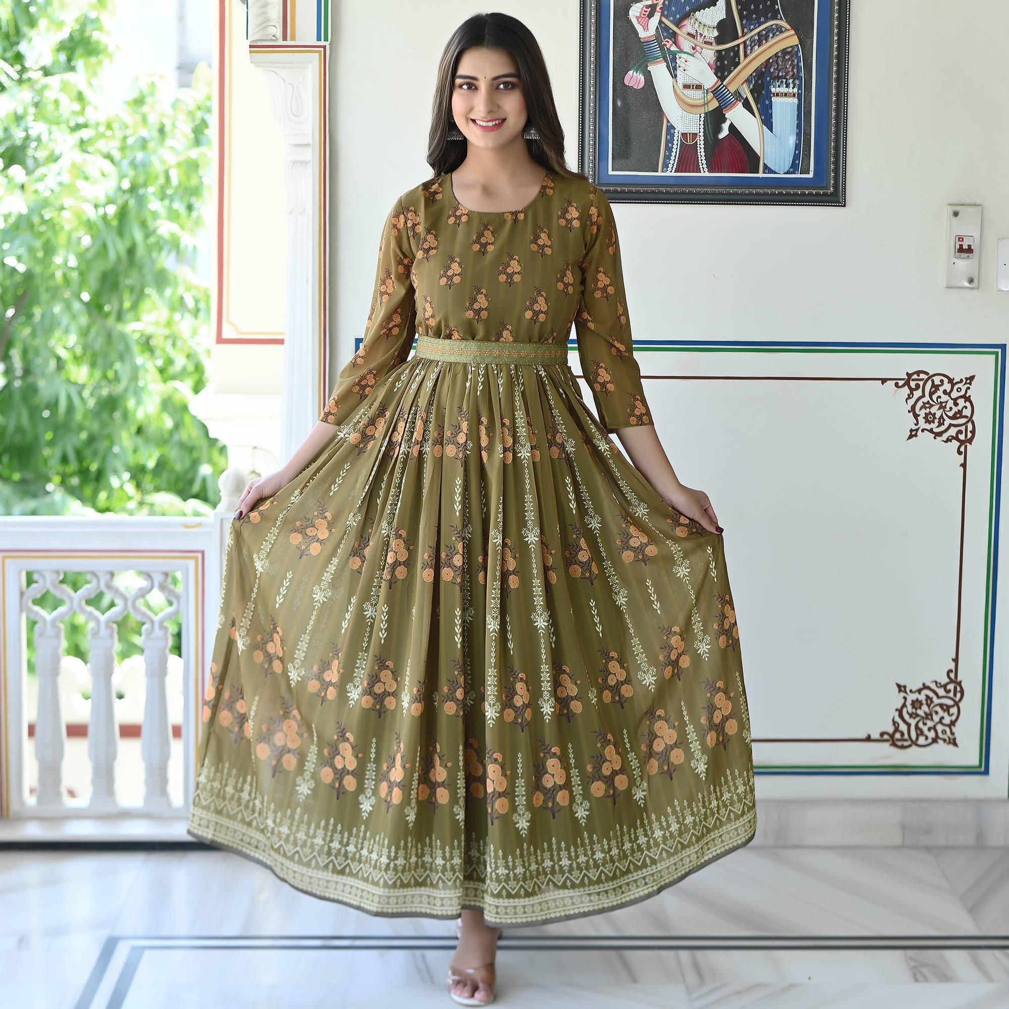 Green Floral Printed Georgette Gown - Peachmode