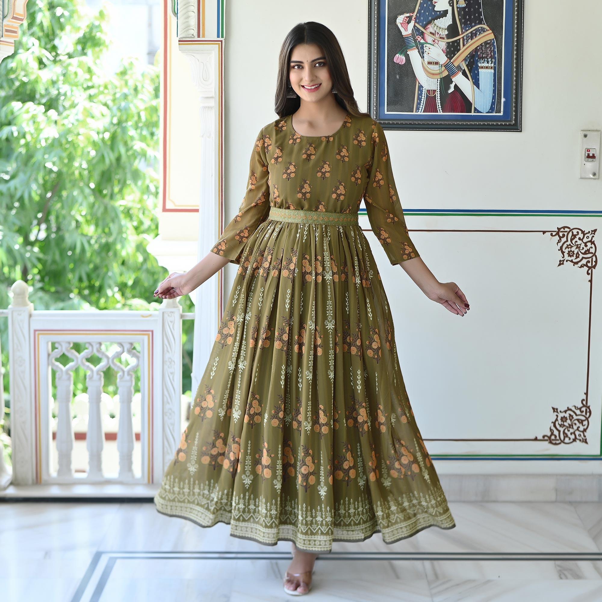 Green Floral Printed Georgette Gown - Peachmode