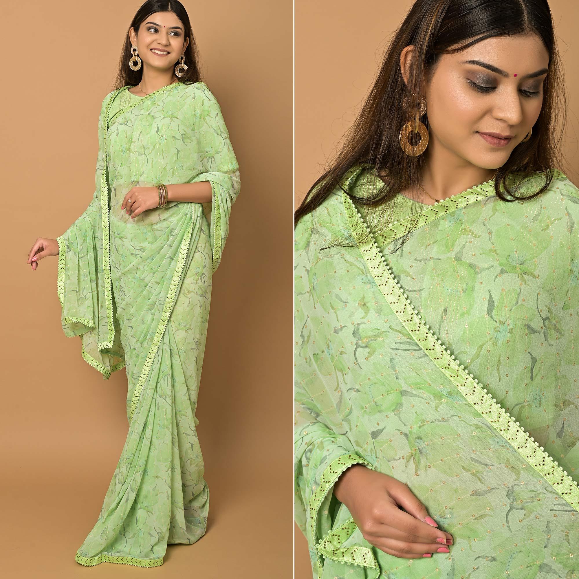 Green Floral Printed Georgette Saree - Peachmode