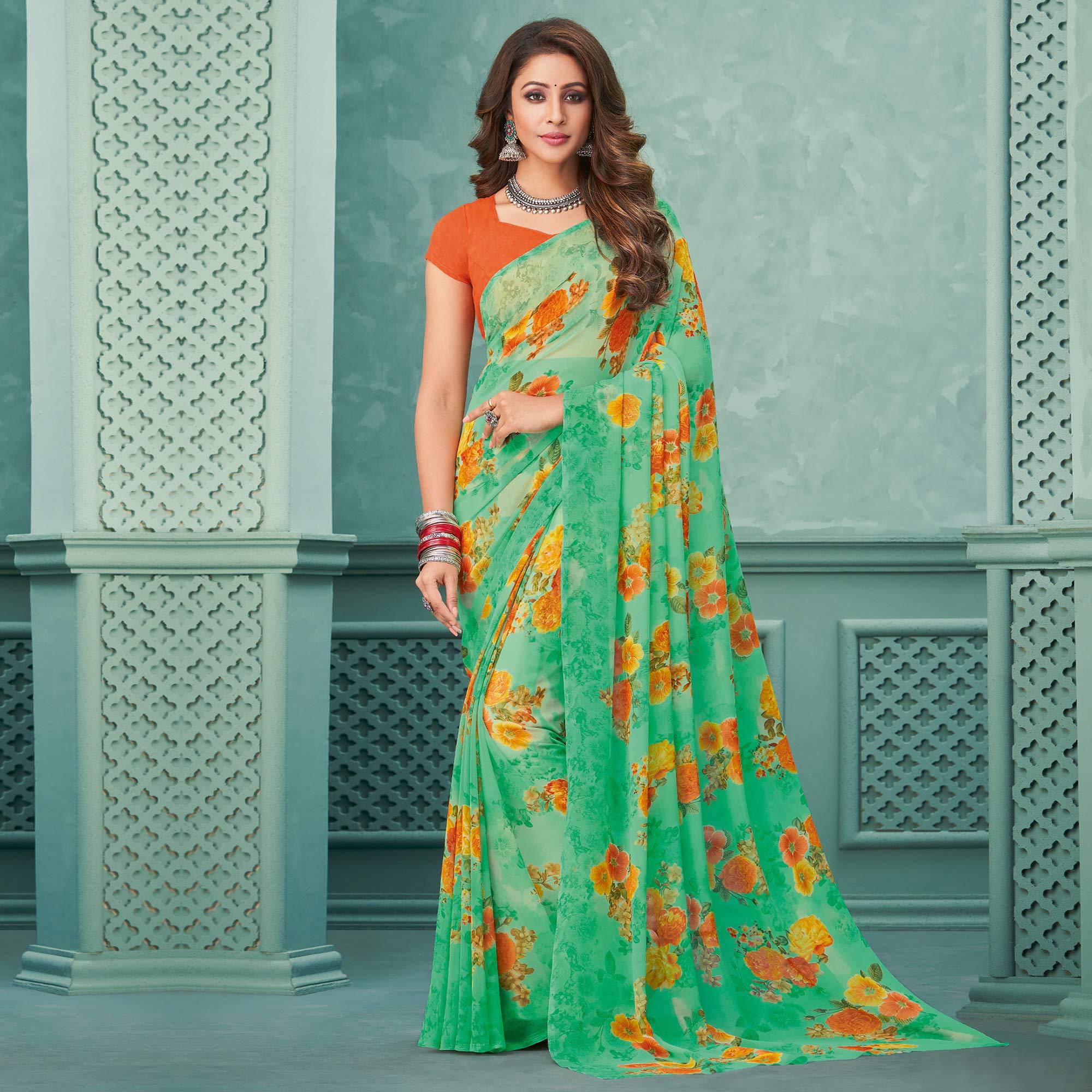 Green Floral Printed Georgette Saree - Peachmode