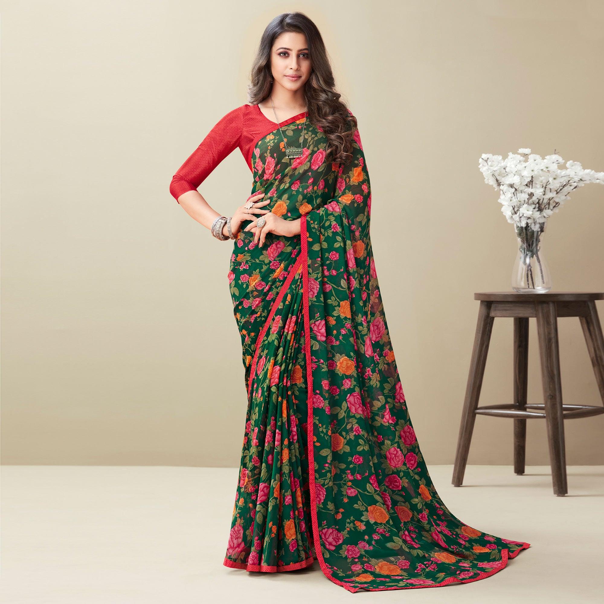 Green Floral Printed Georgette Saree - Peachmode