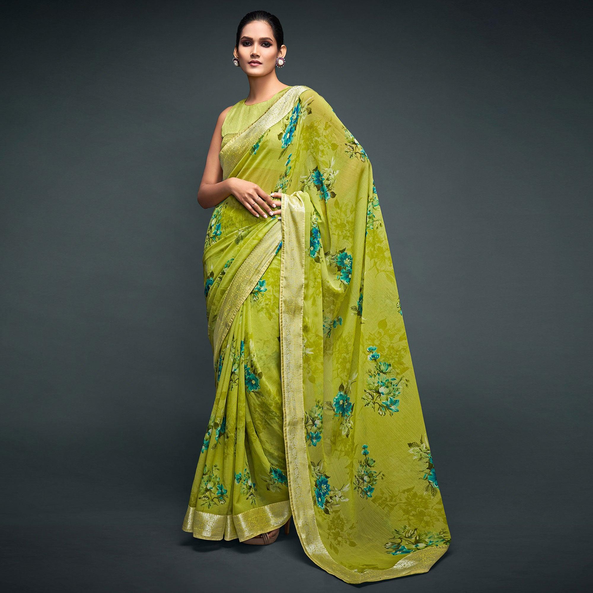 Green Floral Printed Georgette Saree - Peachmode