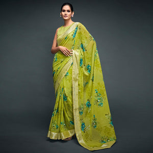 Green Floral Printed Georgette Saree - Peachmode