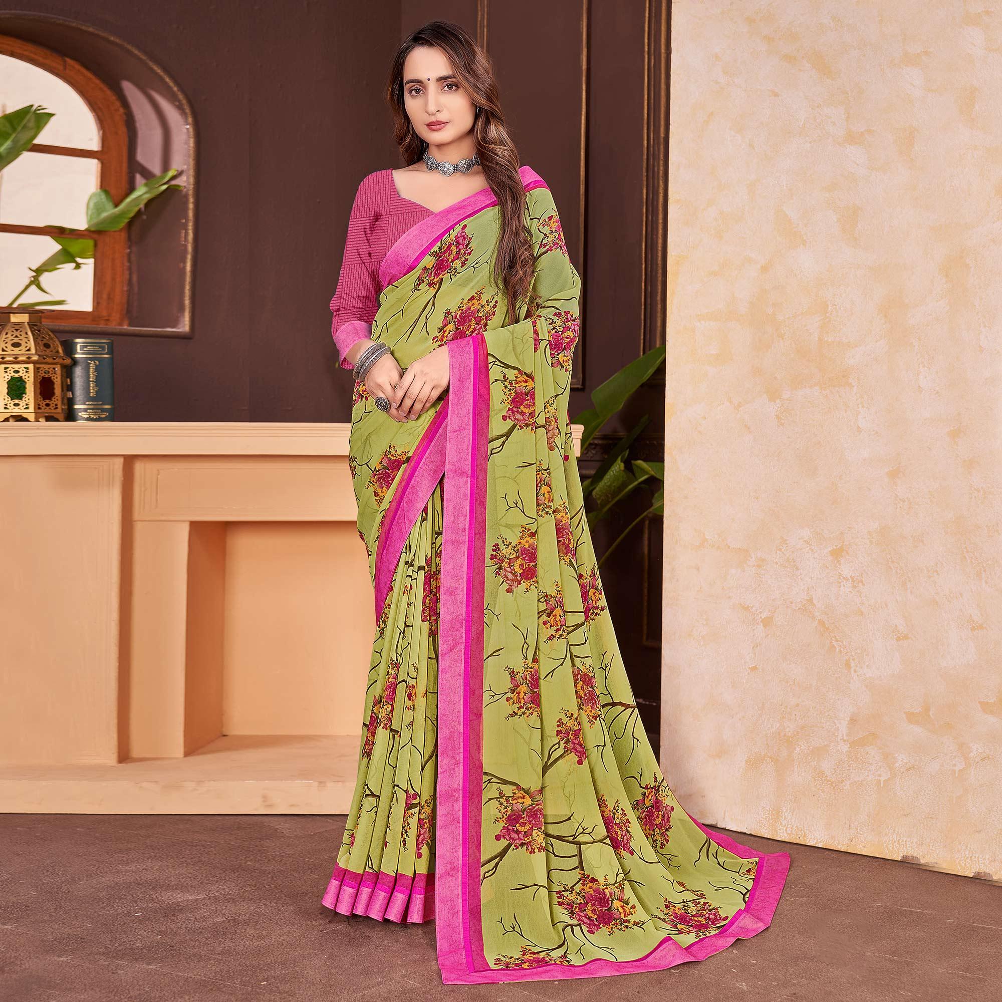 Green Floral Printed Georgette Saree - Peachmode