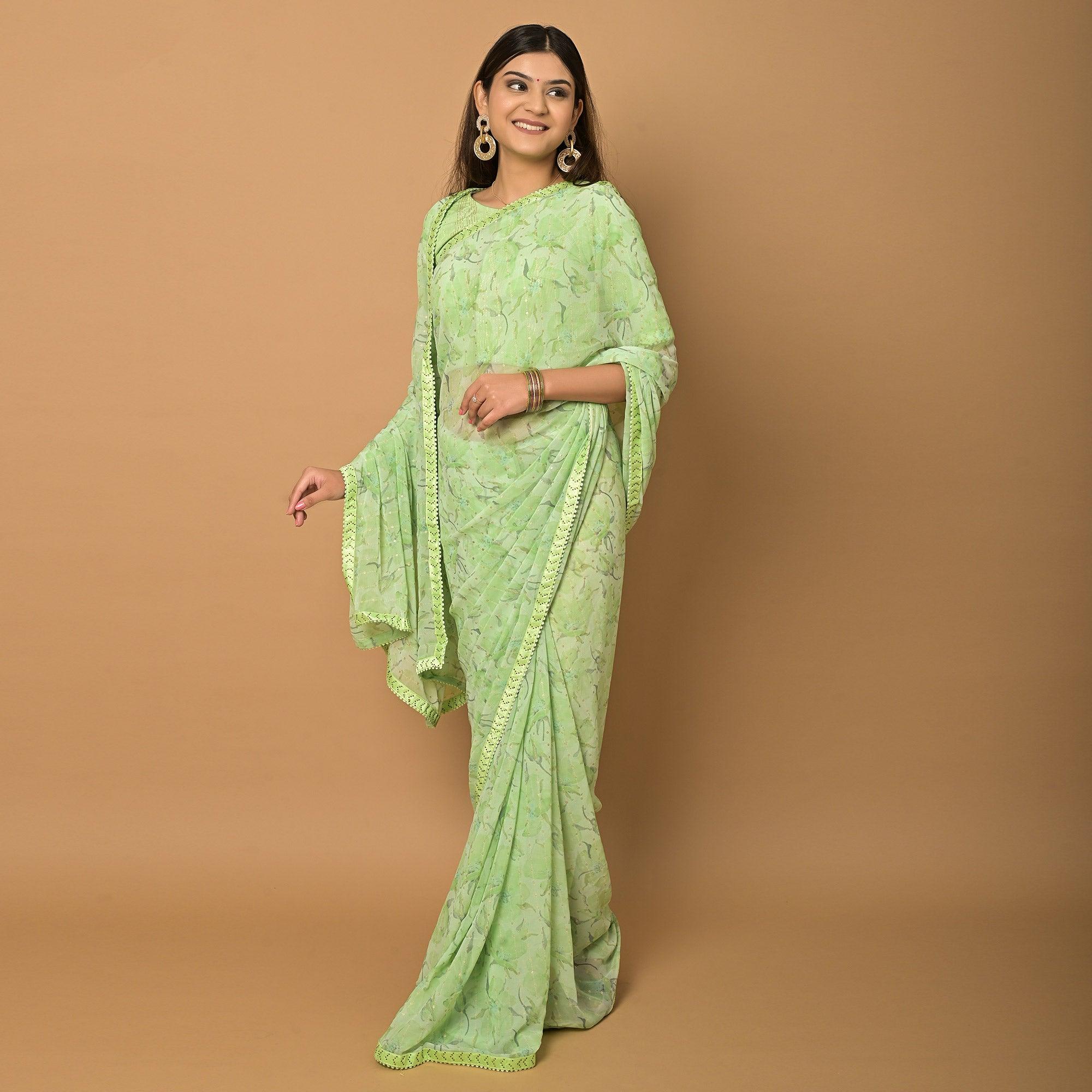 Green Floral Printed Georgette Saree - Peachmode