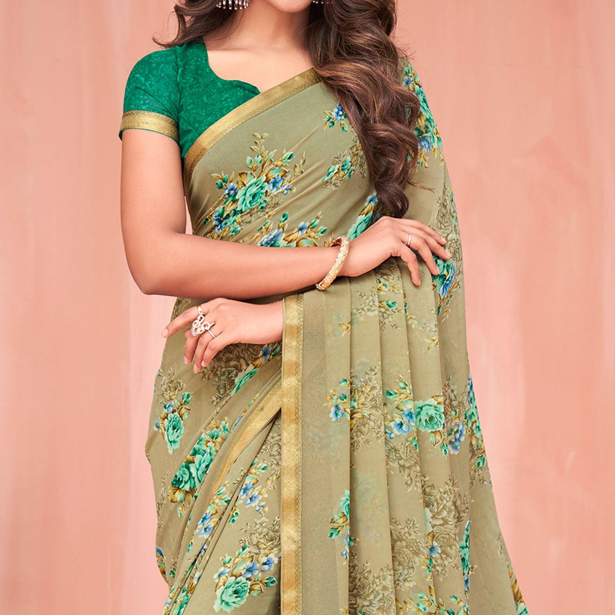 Green Floral Printed Georgette Saree - Peachmode