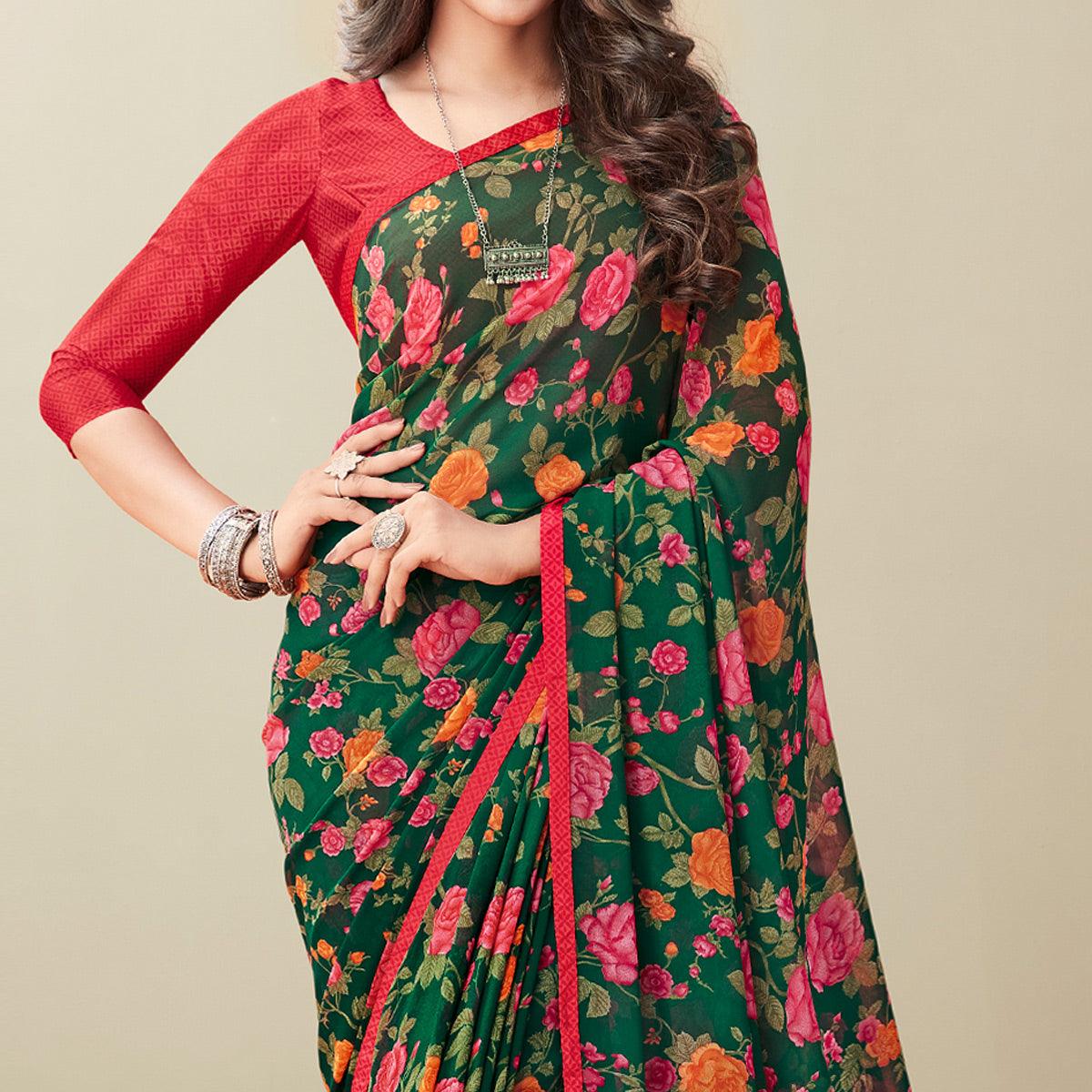 Green Floral Printed Georgette Saree - Peachmode