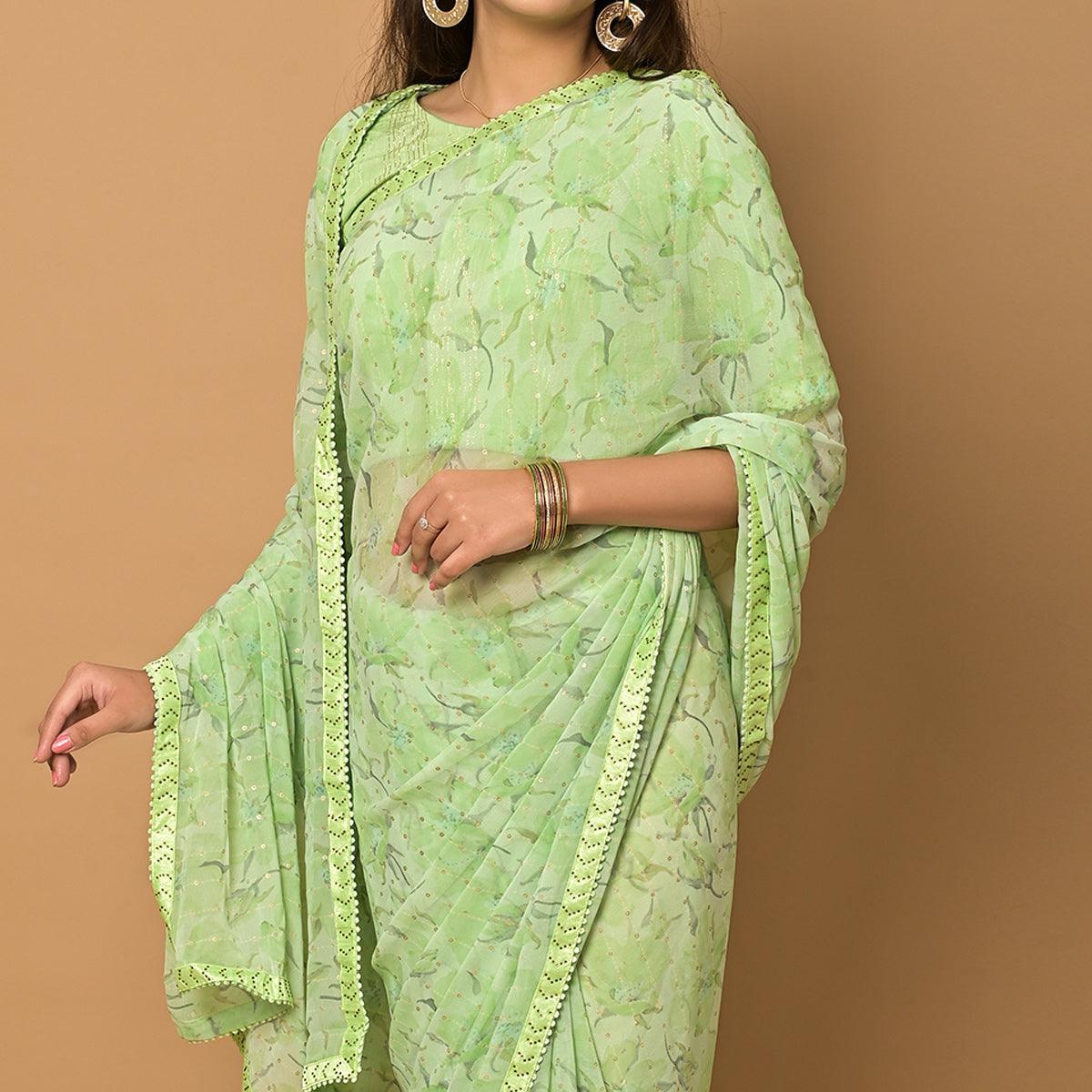 Green Floral Printed Georgette Saree - Peachmode