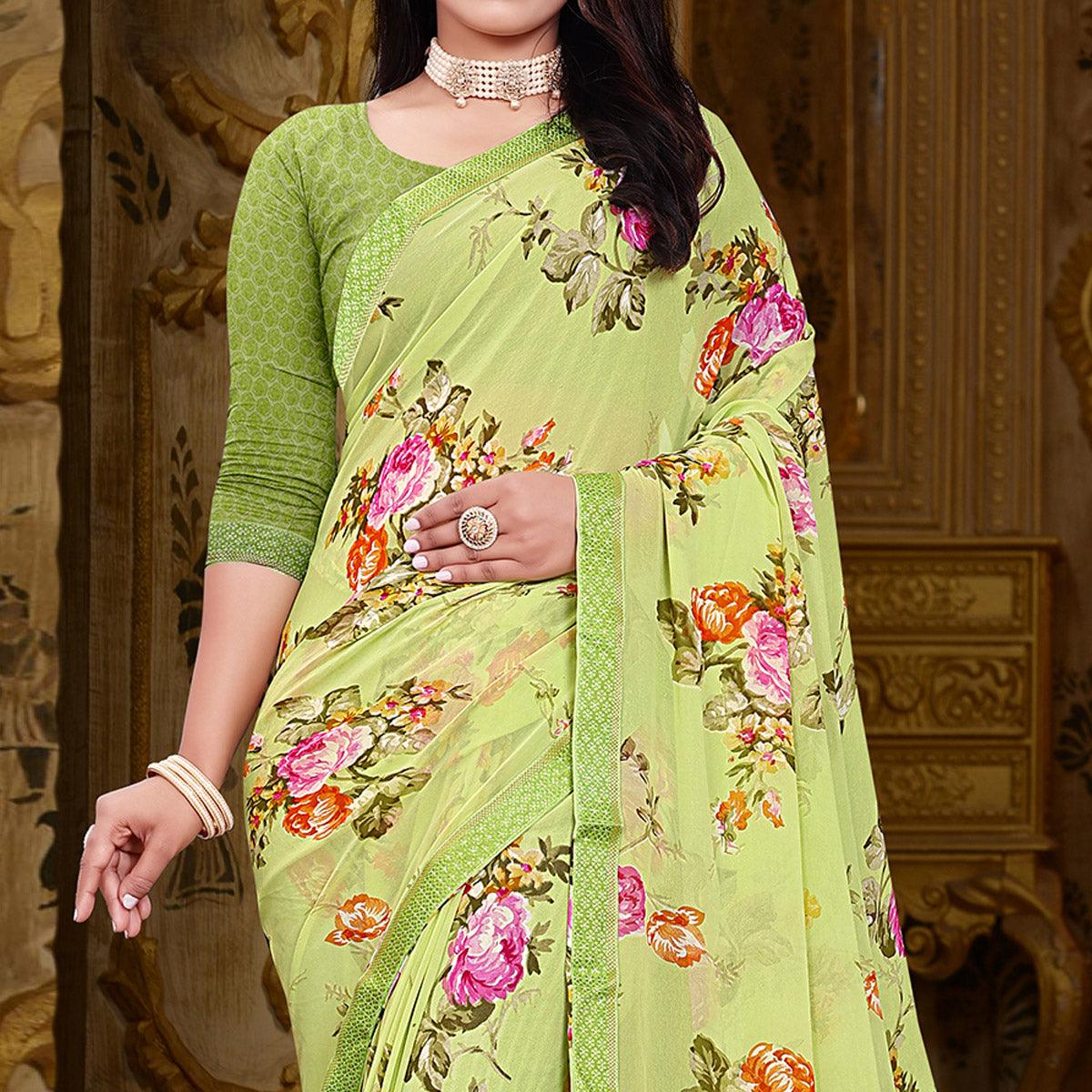 Green Floral Printed Georgette Saree - Peachmode