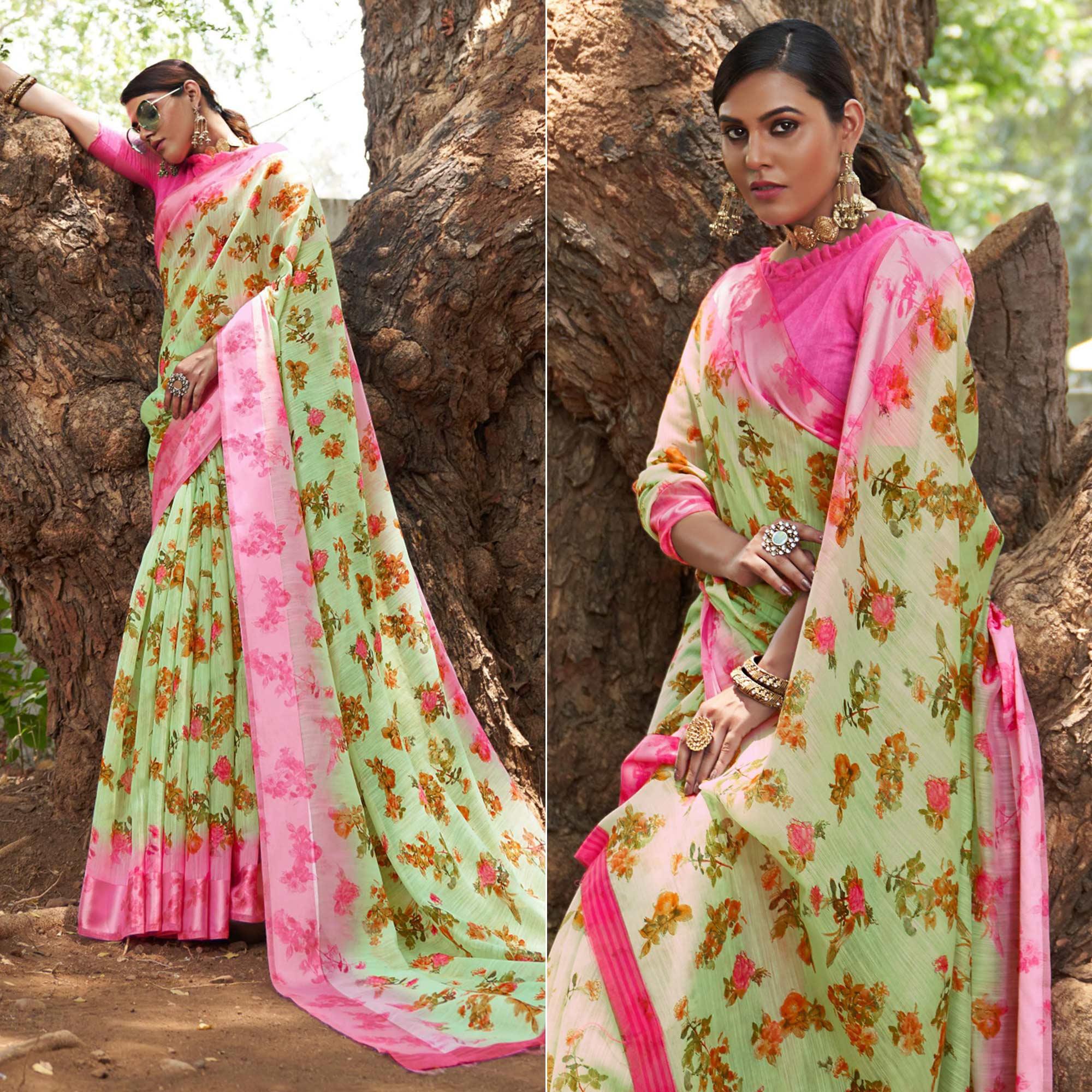 Green Floral Printed Linen Saree - Peachmode